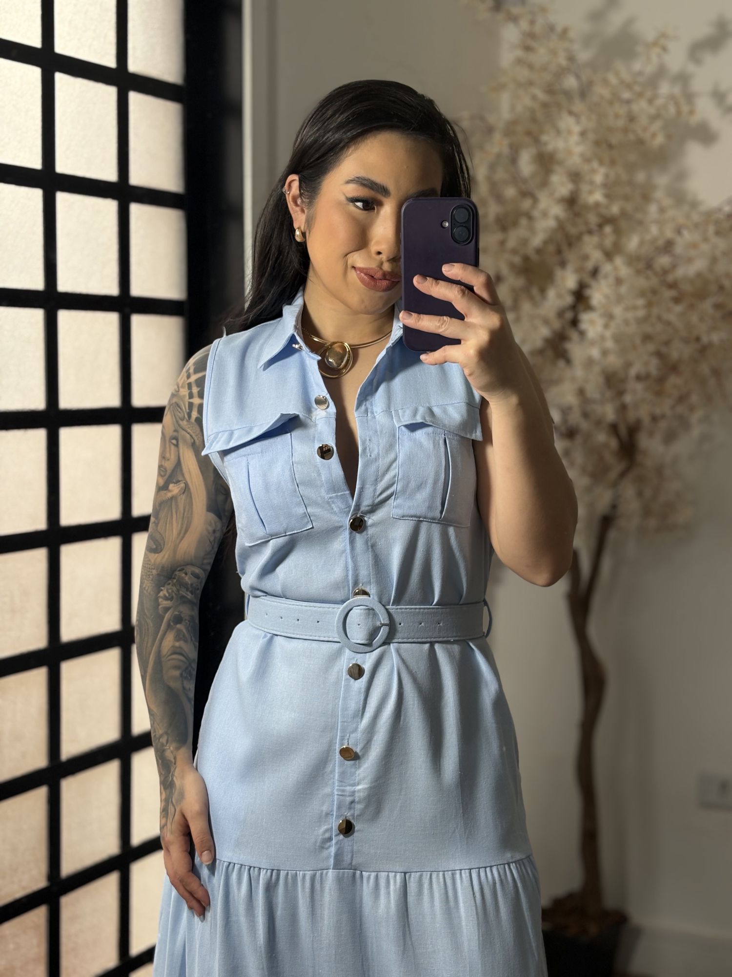 Vestido Linho C/ Cinto Ayla 3600 - Azul C066