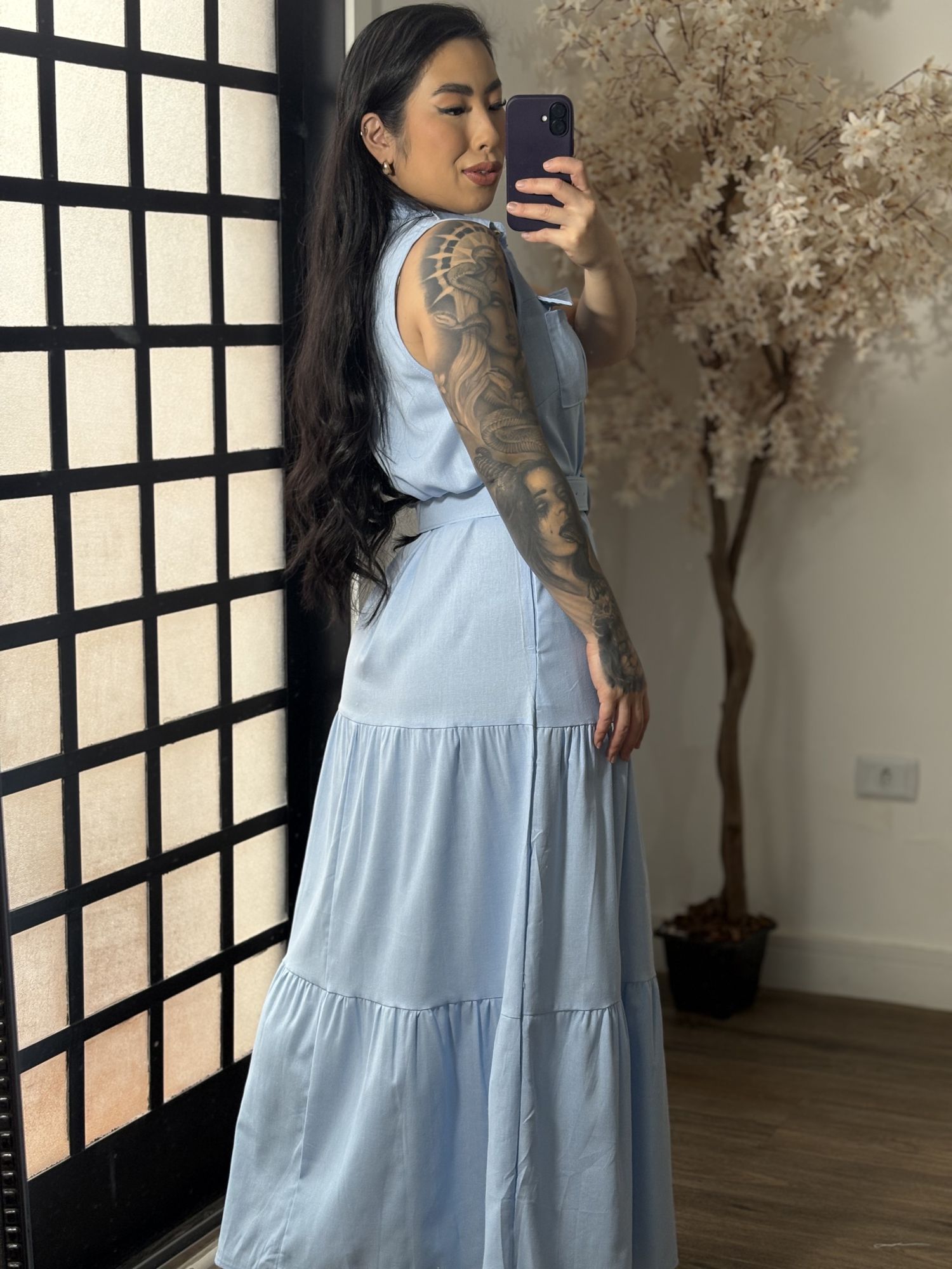 Vestido Linho C/ Cinto Ayla 3600 - Azul C066