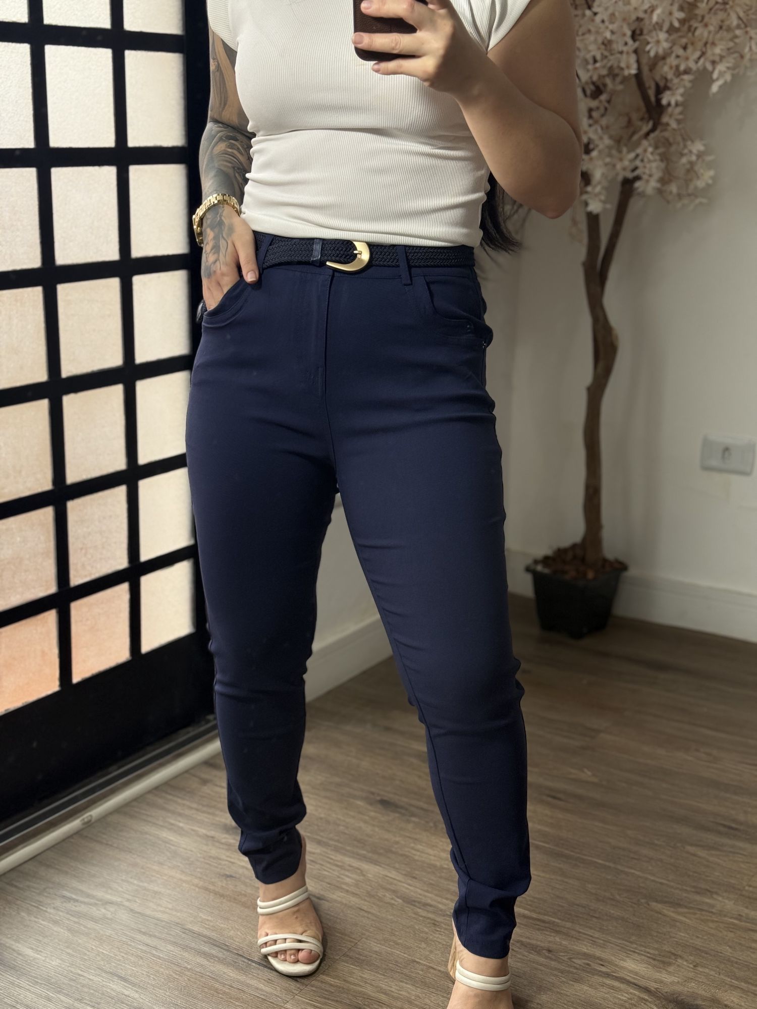 Calça Sarja C/ Cinto Nalu XY081 - Azul Marinho C0127