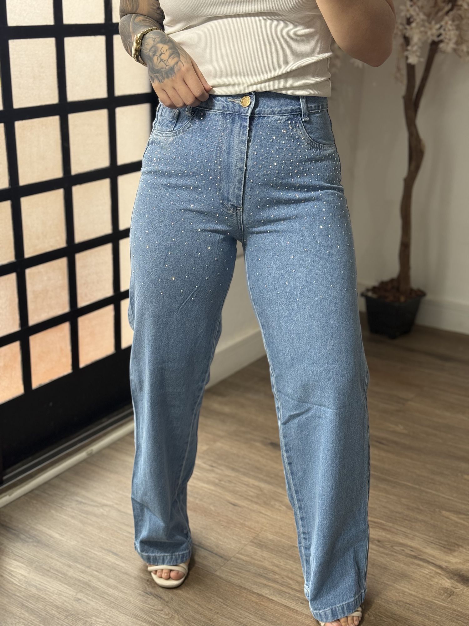 Calça Jeans Wide Leg com Brilho Marmorizada 1477C121