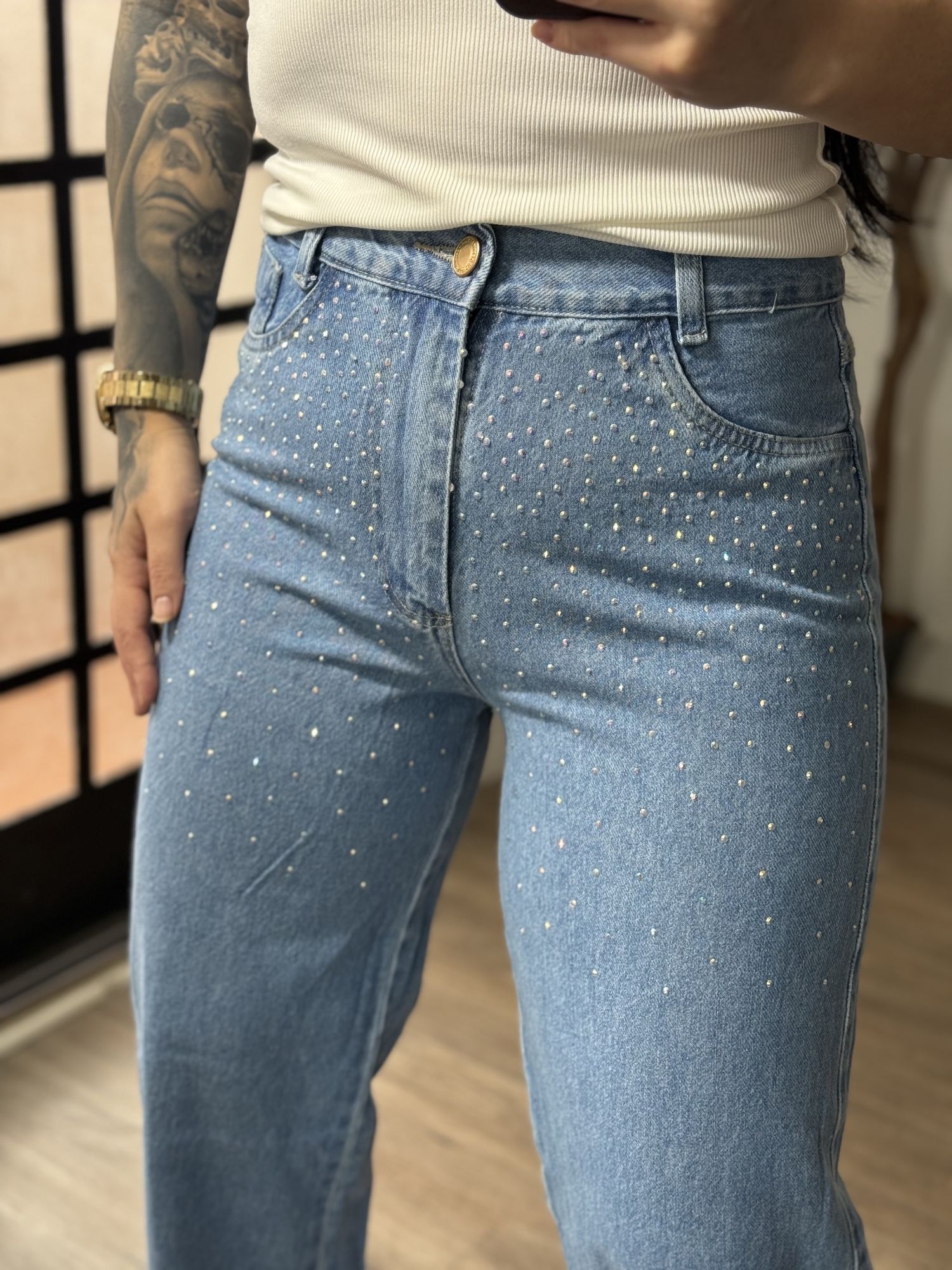 Calça Jeans Wide Leg com Brilho Marmorizada 1477C121