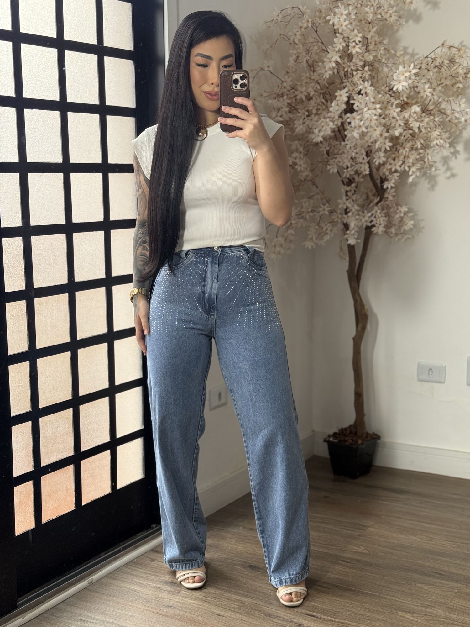 Calça Jeans Wide Leg com Brilho 1643 C25