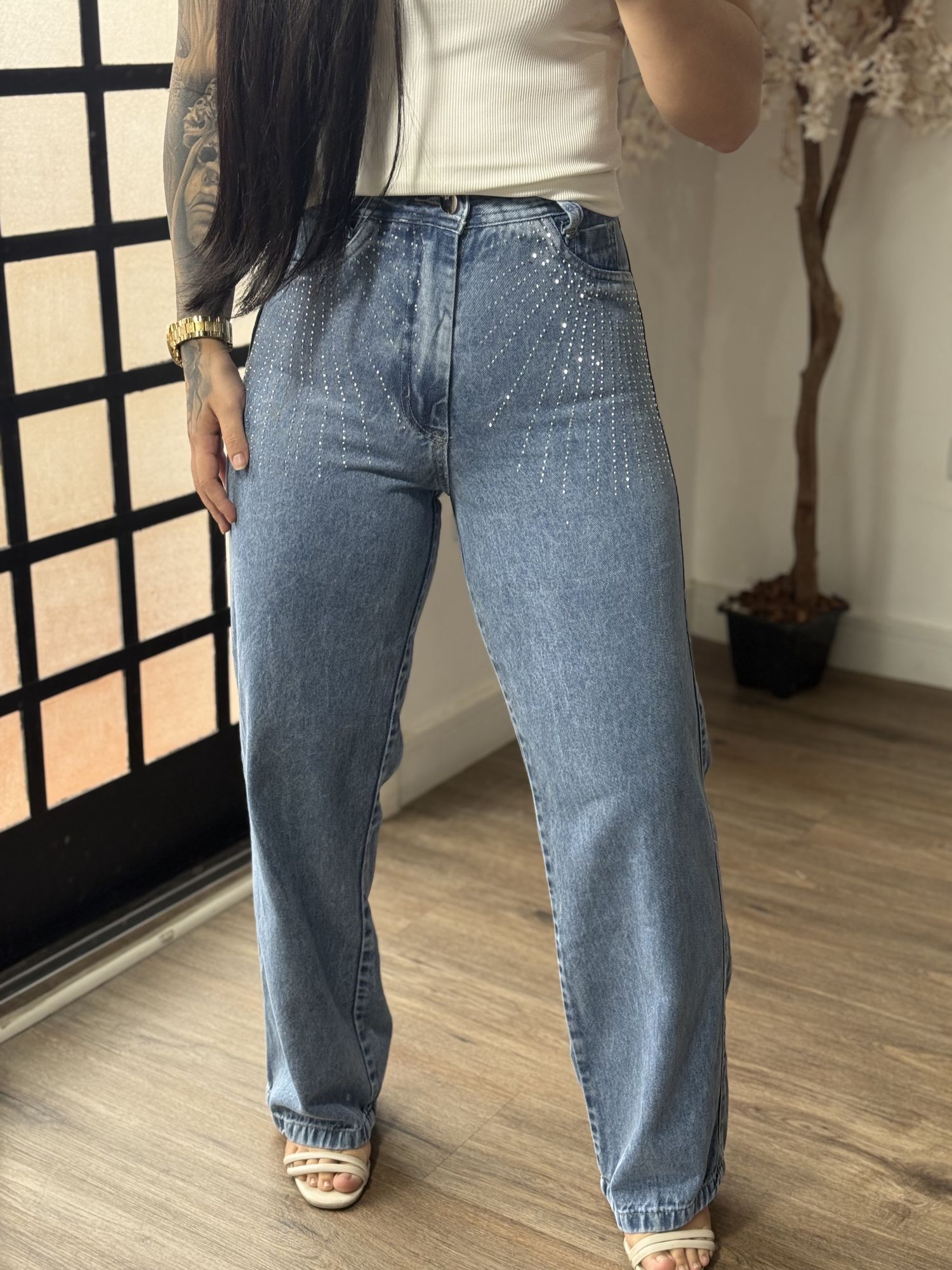 Calça Jeans Wide Leg com Brilho 1643 C25