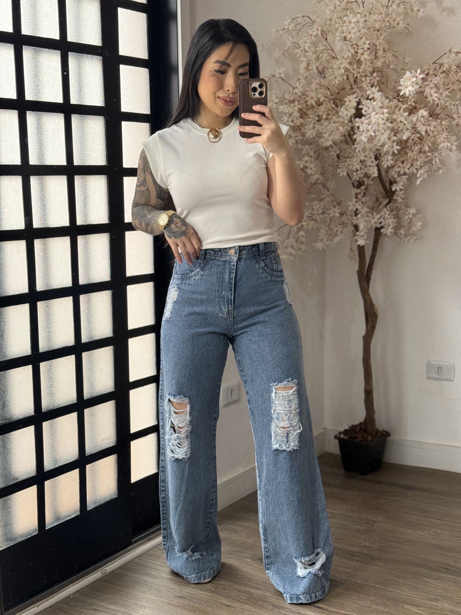 Calça Jeans Wide Leg Marmorizada 1209 C117