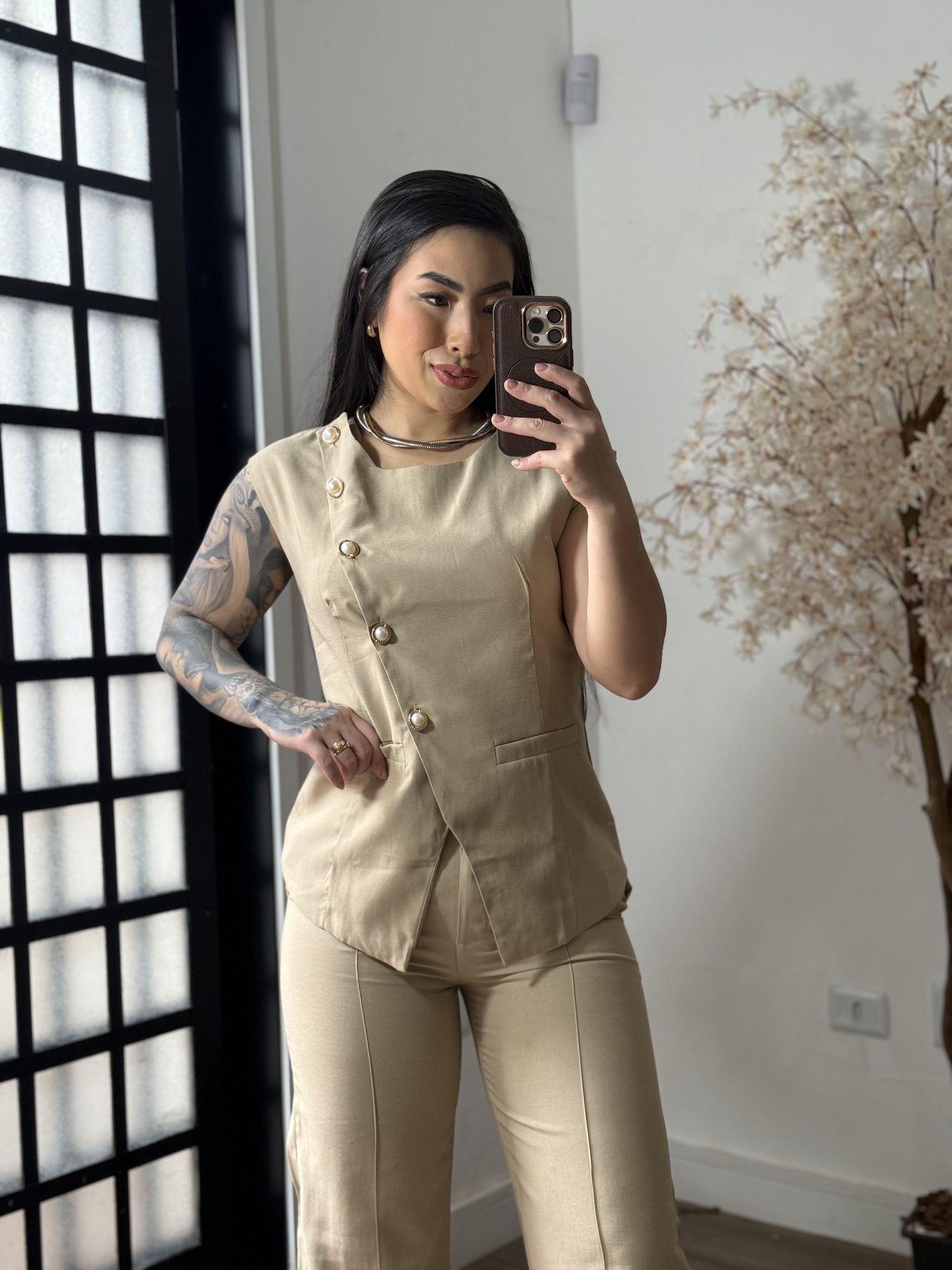 Conjunto Calça Marrant C/ Botões Lavínia 6601 - Bege C098