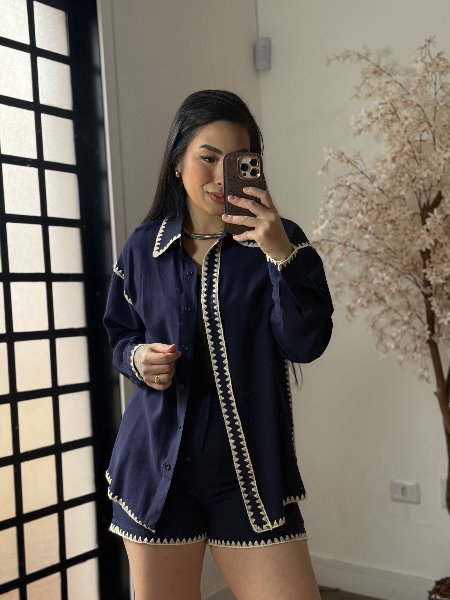 Conjunto Shorts Bordado Marina 1651 - Azul Marinho C050