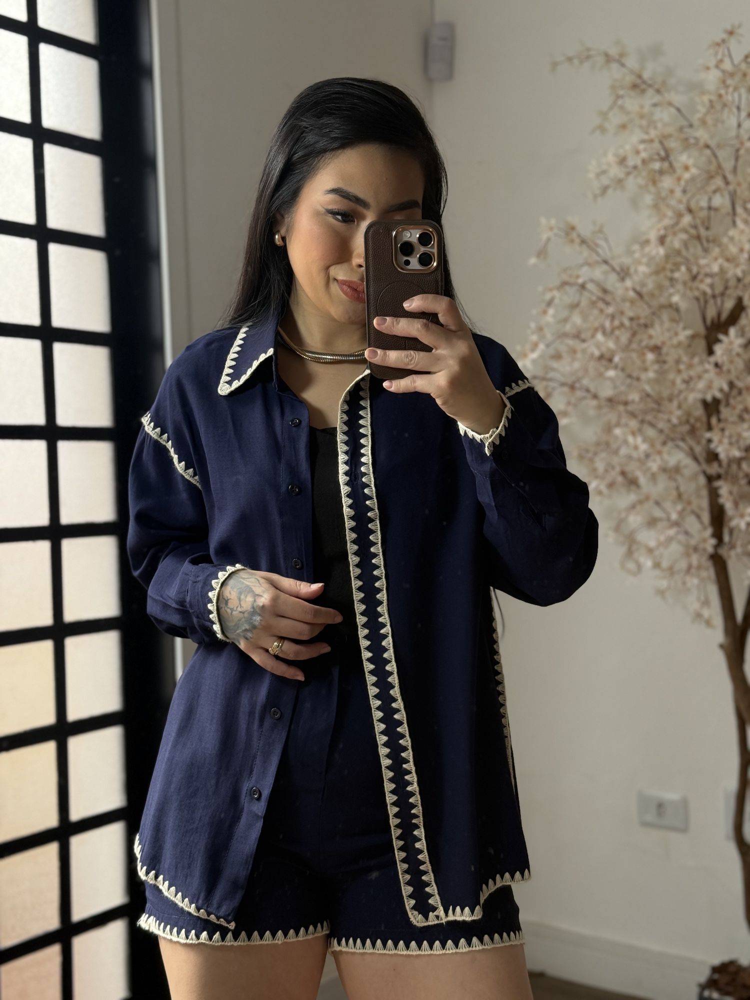 Conjunto Shorts Bordado Marina 1651 - Azul Marinho C050