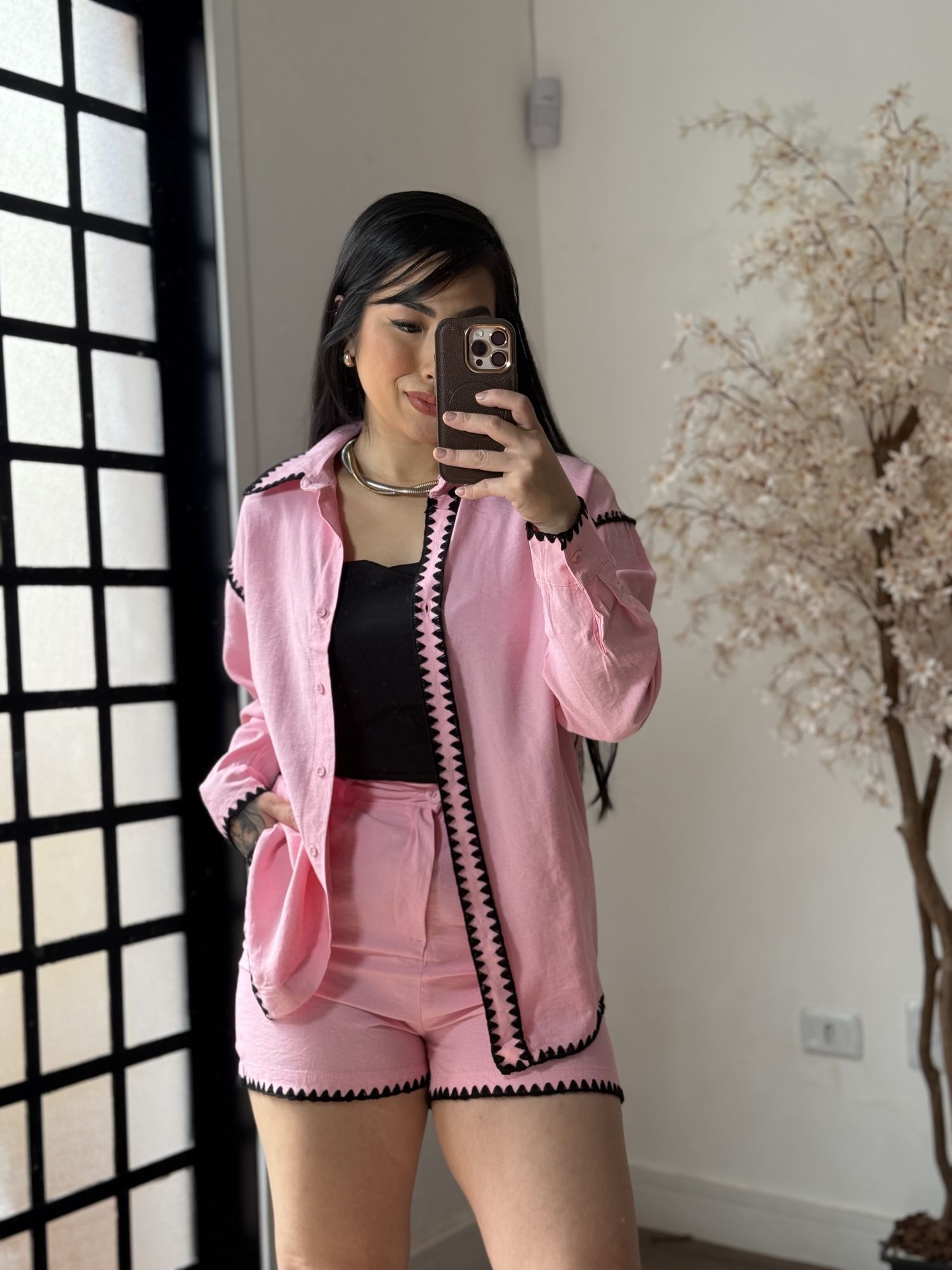 Conjunto Shorts Bordado Marina 1651 - Rosa C050