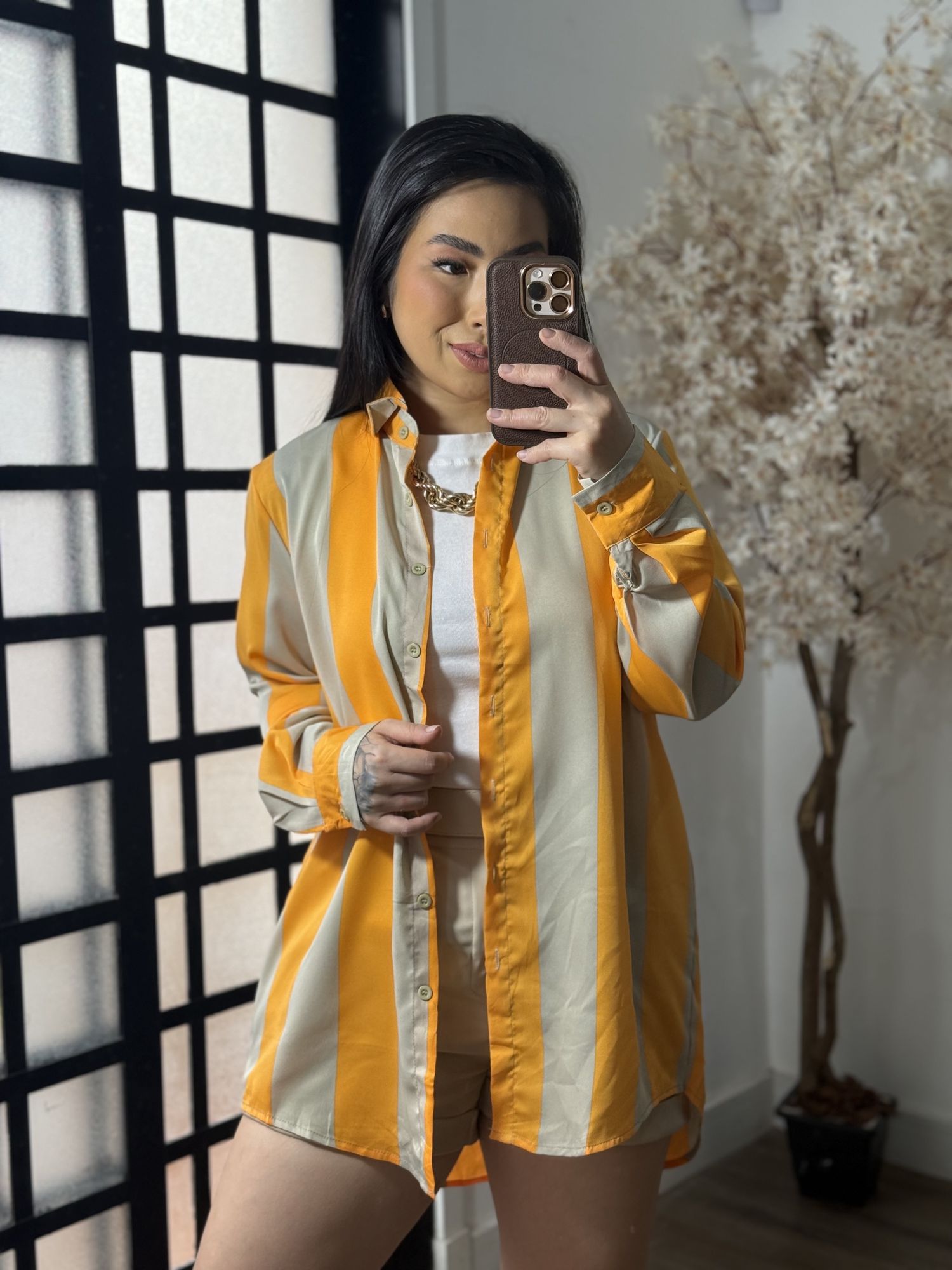 Camisa Listrada Acetinada 2253-Y - Laranja 