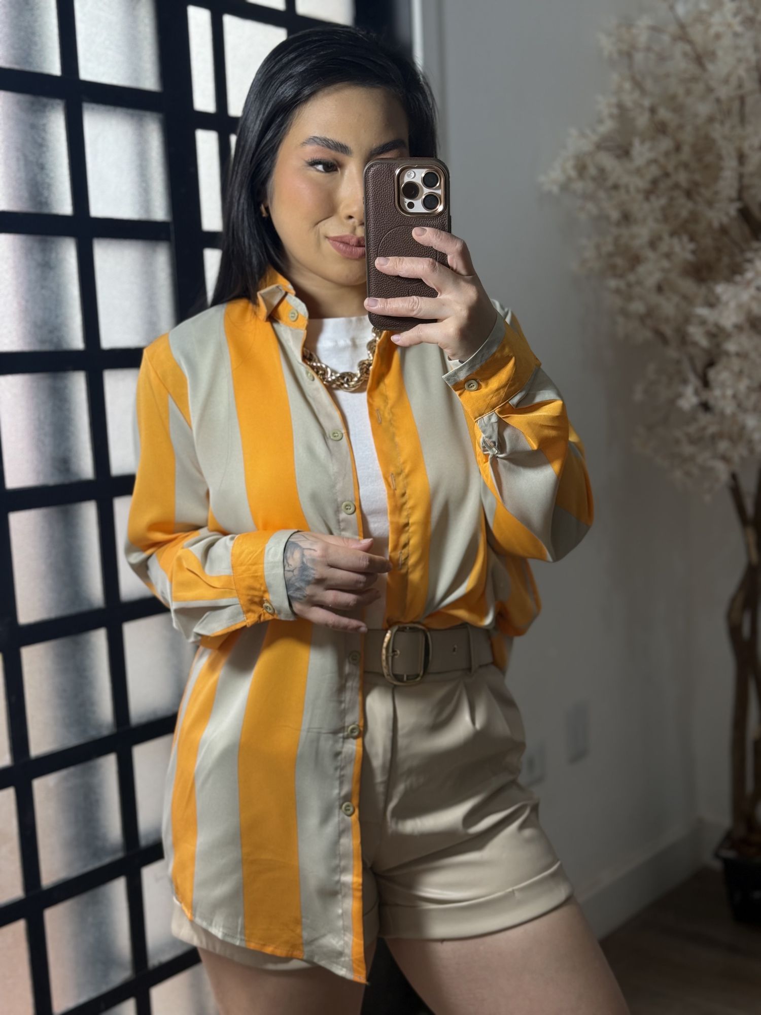 Camisa Listrada Acetinada 2253-Y - Laranja 