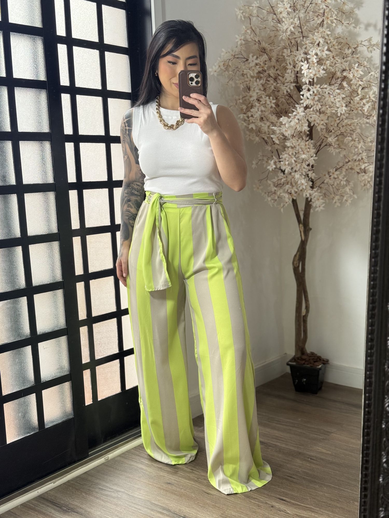 Calça Listrada Acetinado 2576Y - Verde 