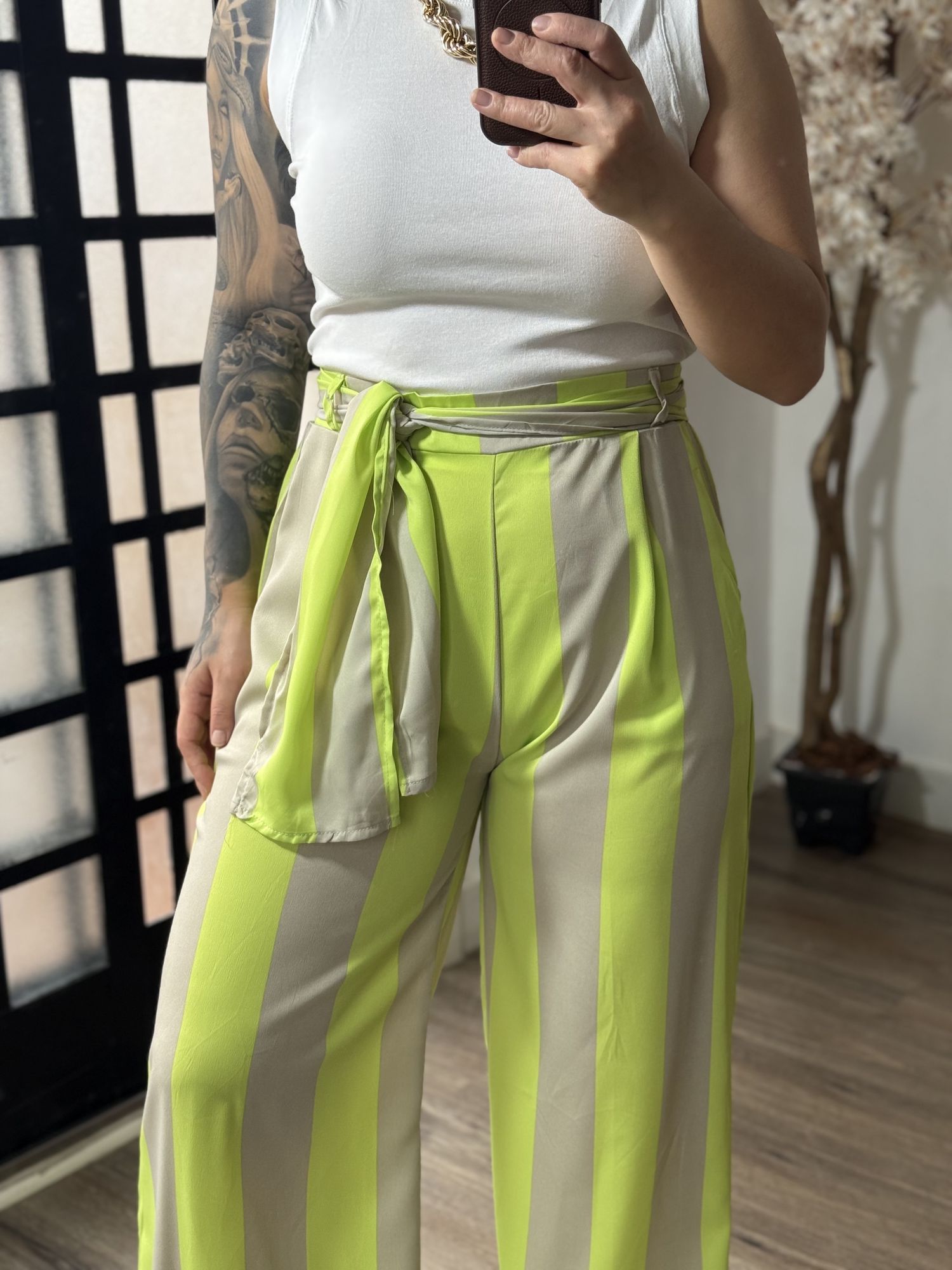 Calça Listrada Acetinado 2576Y - Verde 