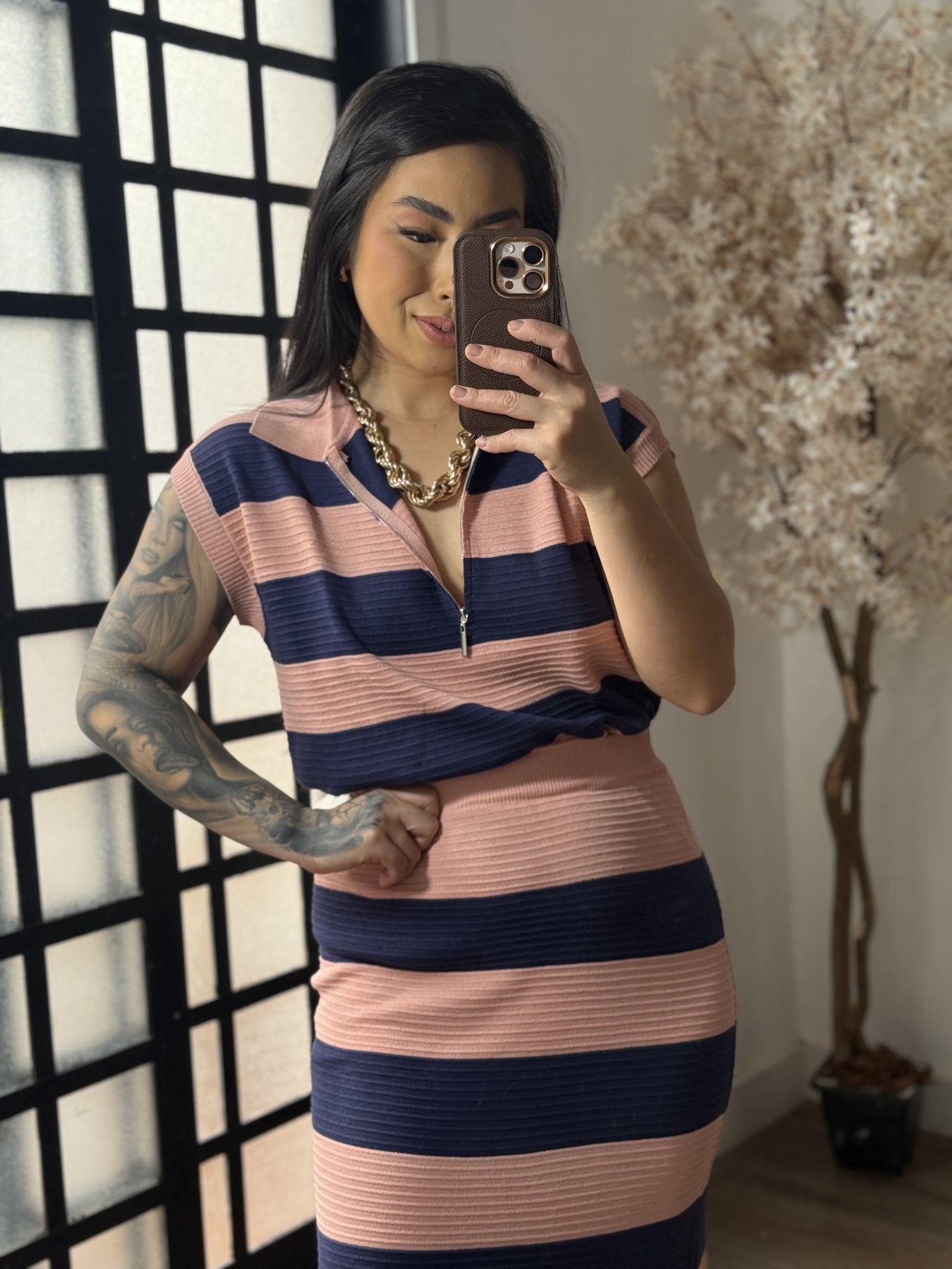 Conjunto Saia Midi Trico Angela 069 - Rosa com azul 