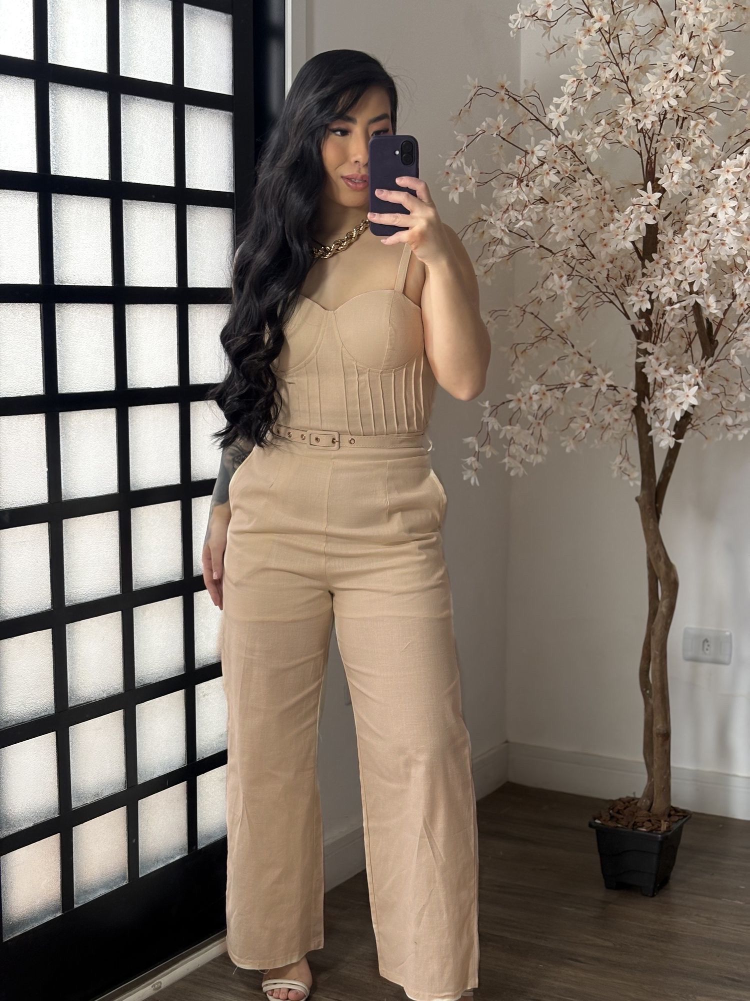 Macacao Linho com Cinto Zoe L007 - Areia C053