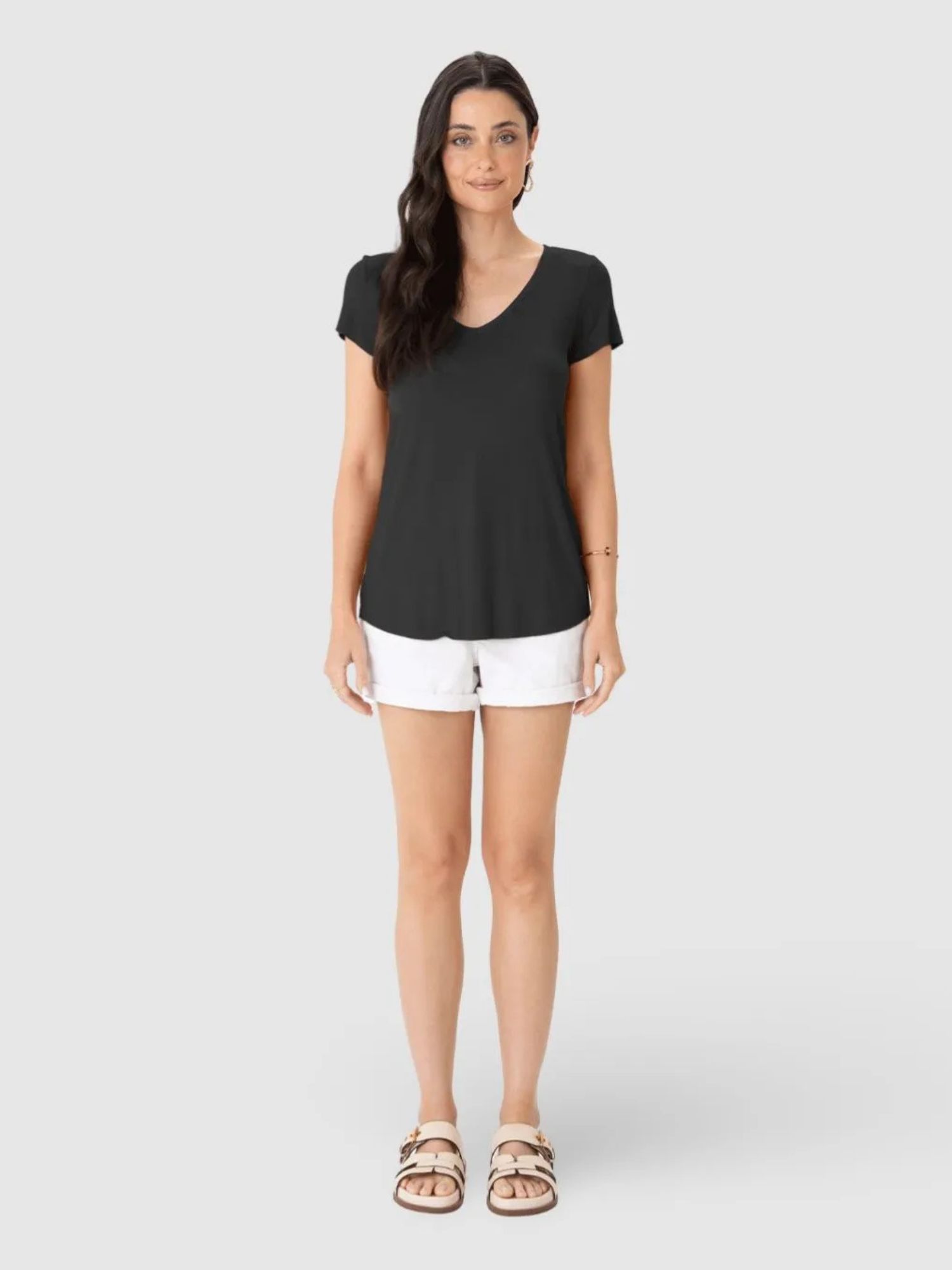 Blusa Básica Feminina Mullet Decote V Em Viscose Stretch Preto