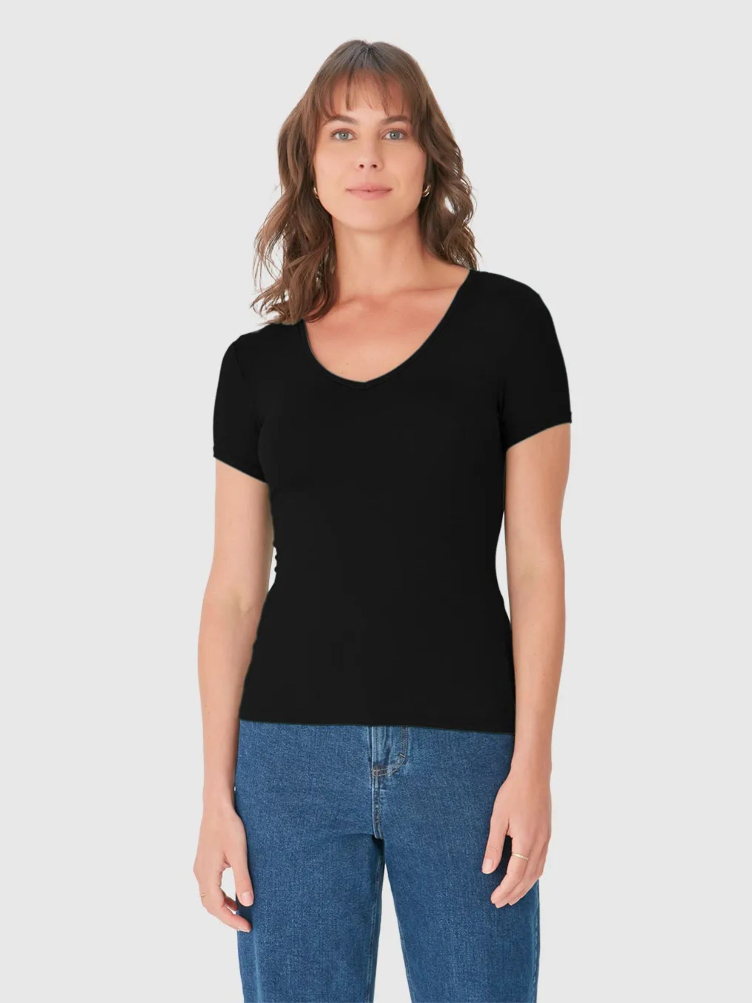 Blusa Básica Feminina Decote V Em Viscose Stretch Preto