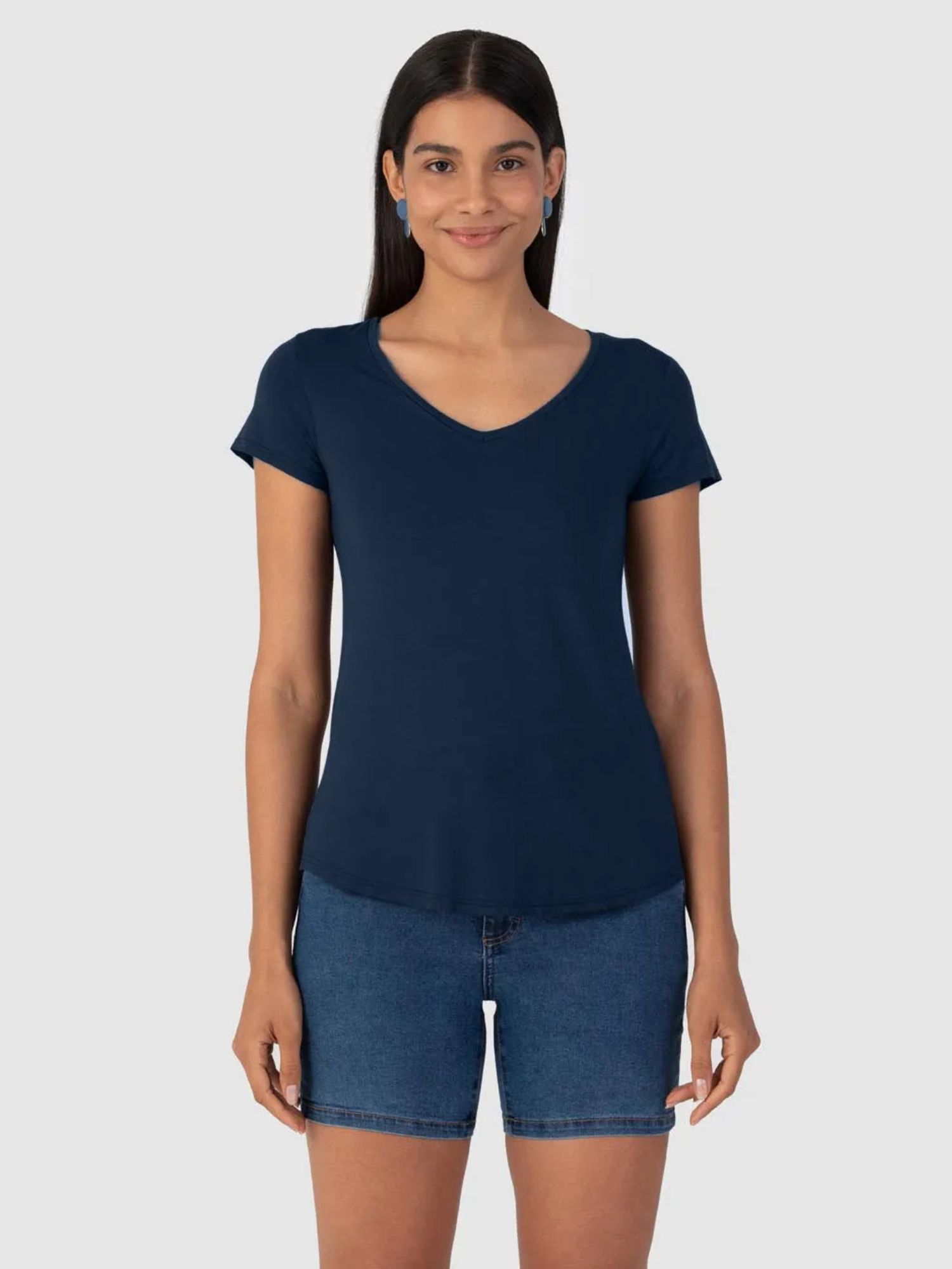 Blusa Básica Feminina Mullet Decote V Em Viscose Stretch Azul Marinho