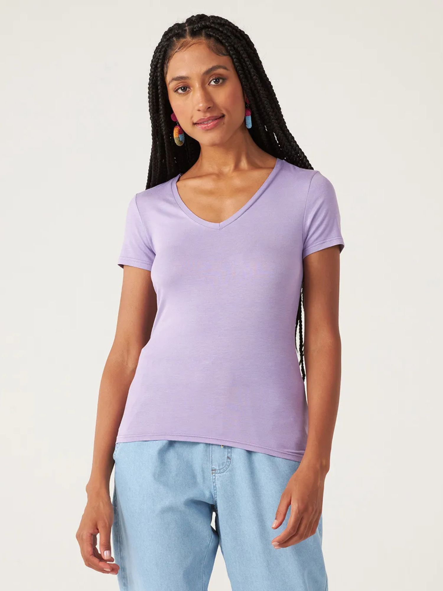Blusa Básica Feminina Decote V Em Viscose Stretch Lilás