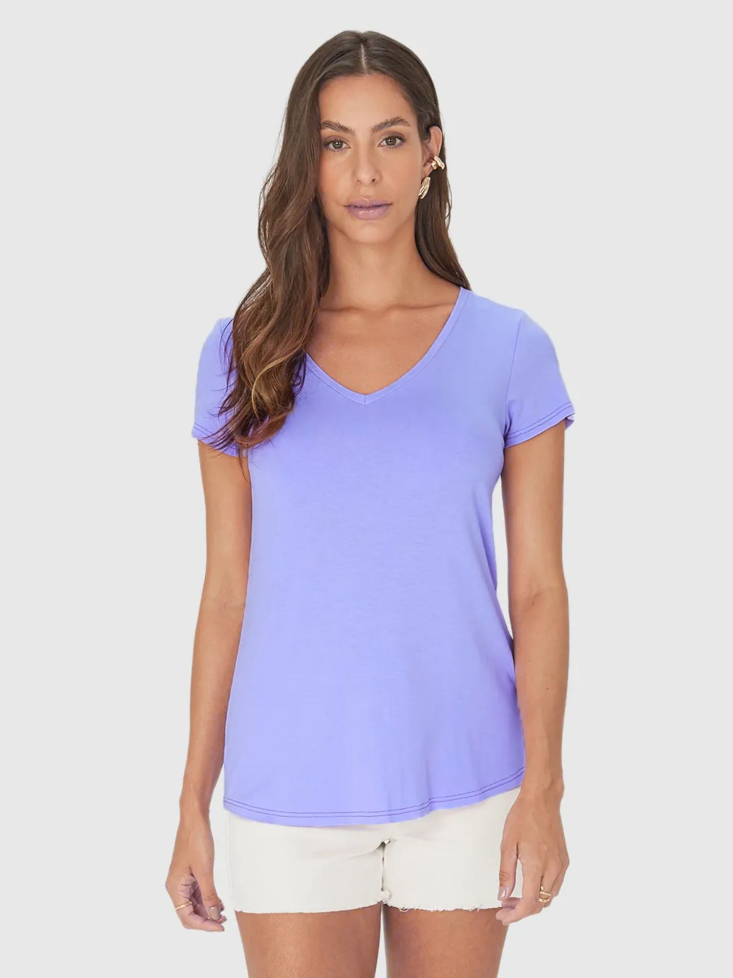 Blusa Básica Feminina Mullet Decote V Em Viscose Stretch Lilás