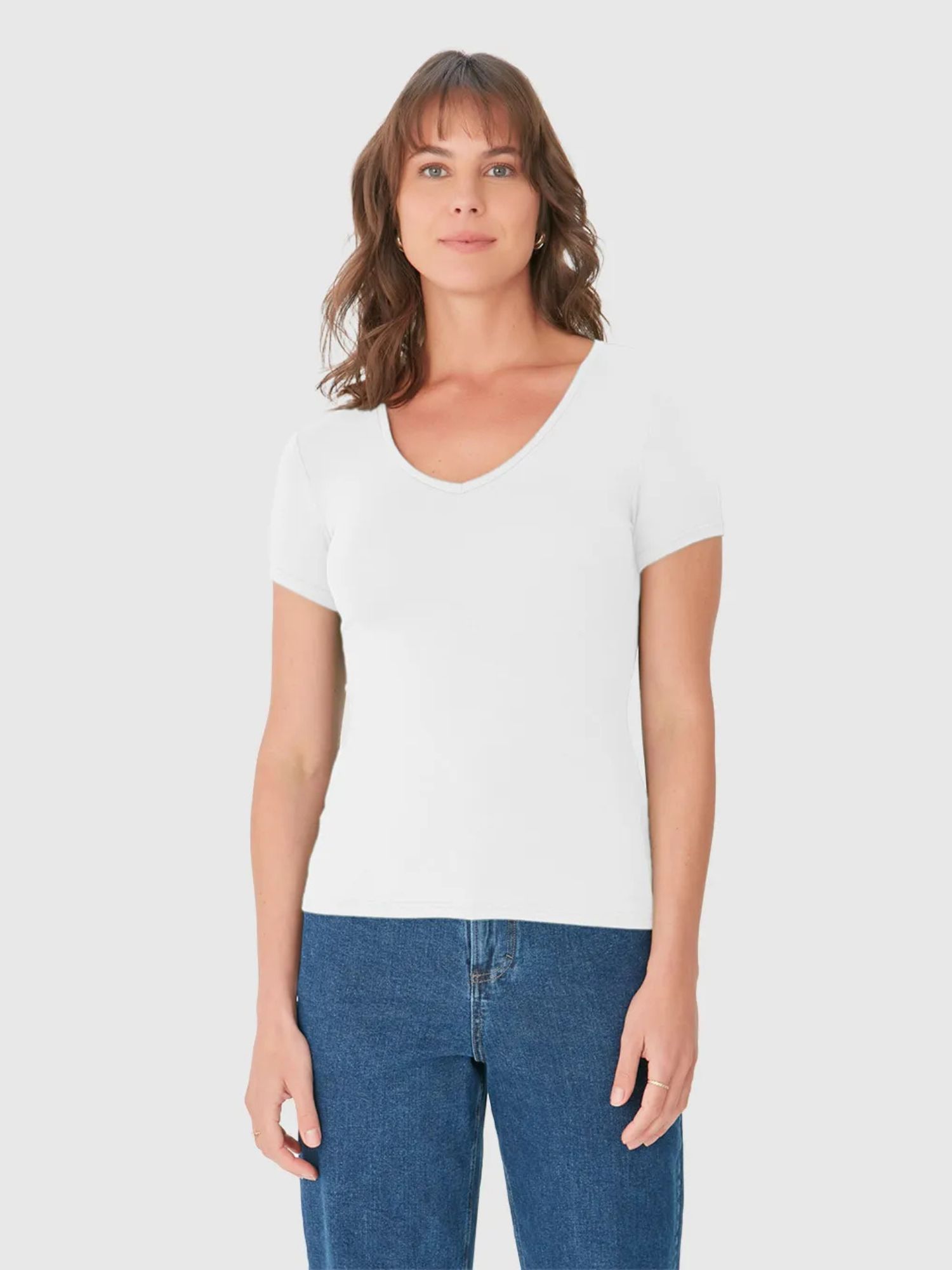 Blusa Básica Feminina Decote V Em Viscose Stretch Branco