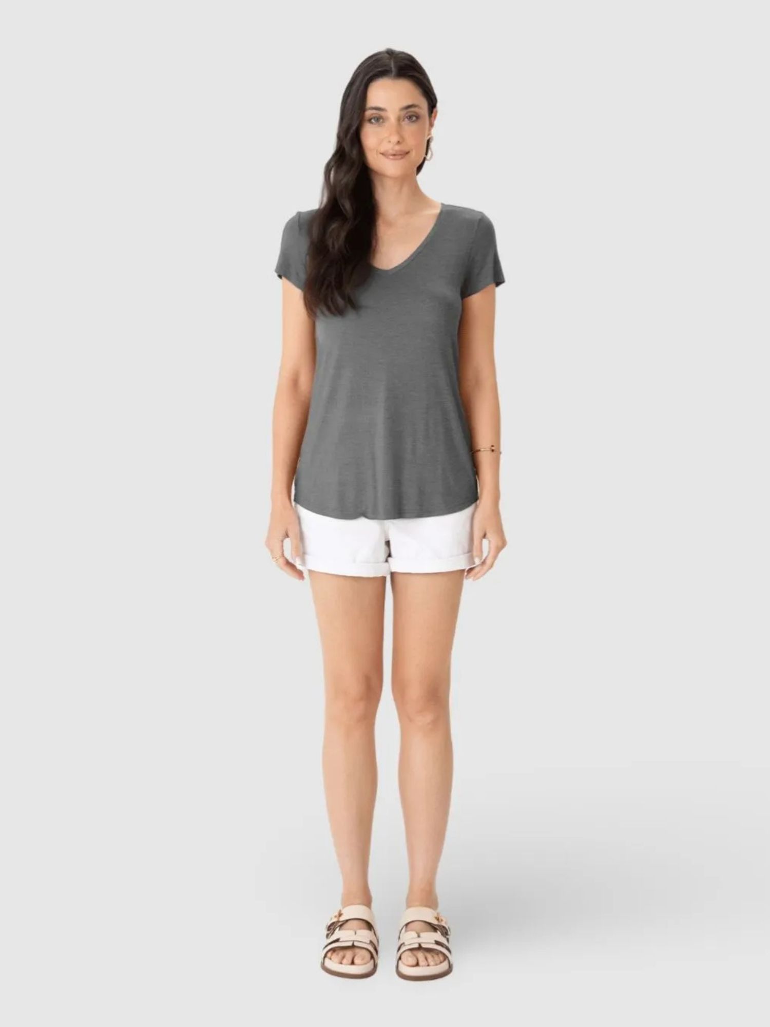 Blusa Básica Feminina Mullet Decote V Em Viscose Stretch Cinza