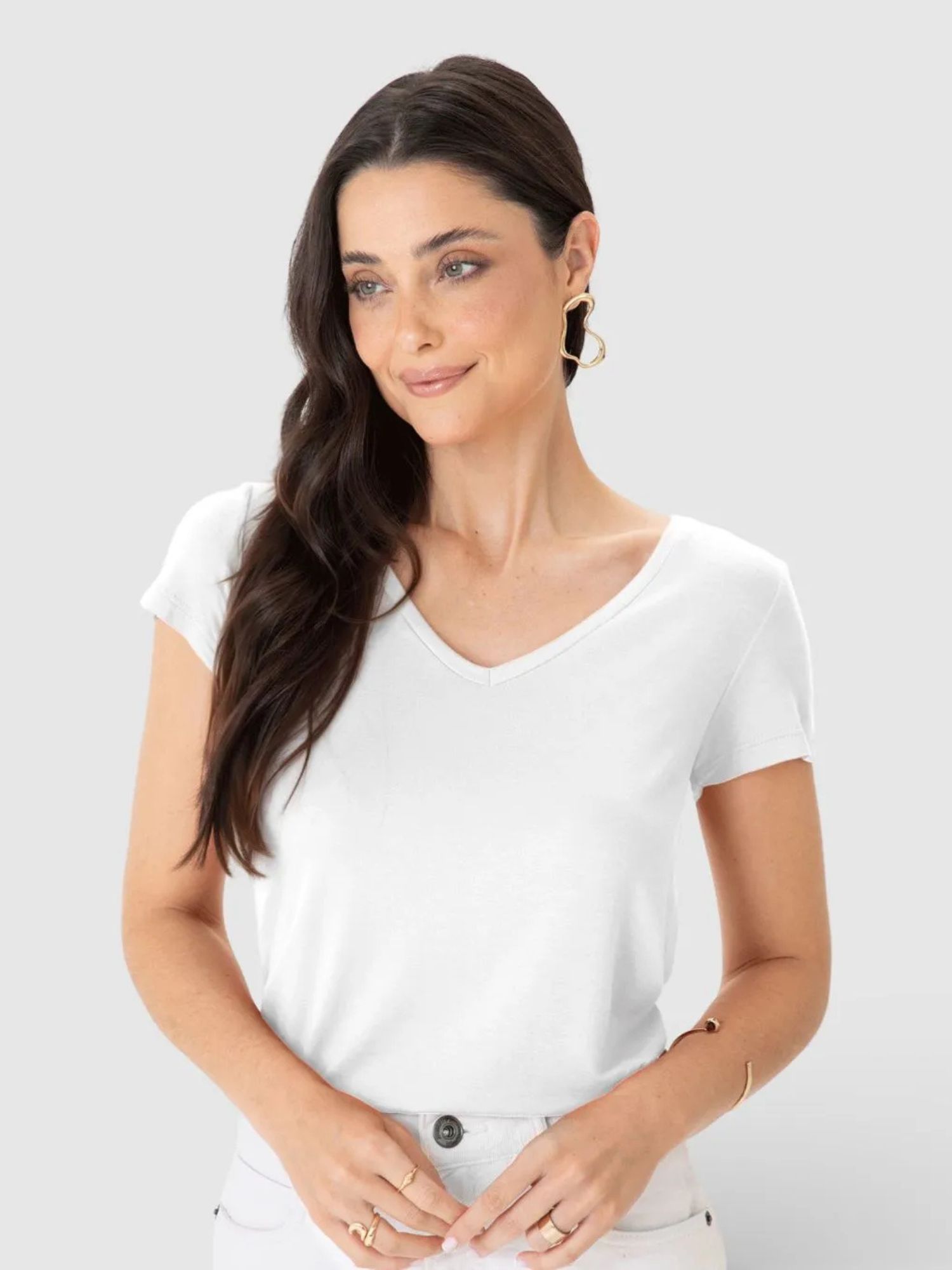 Blusa Básica Feminina Mullet Decote V Em Viscose Stretch Branco