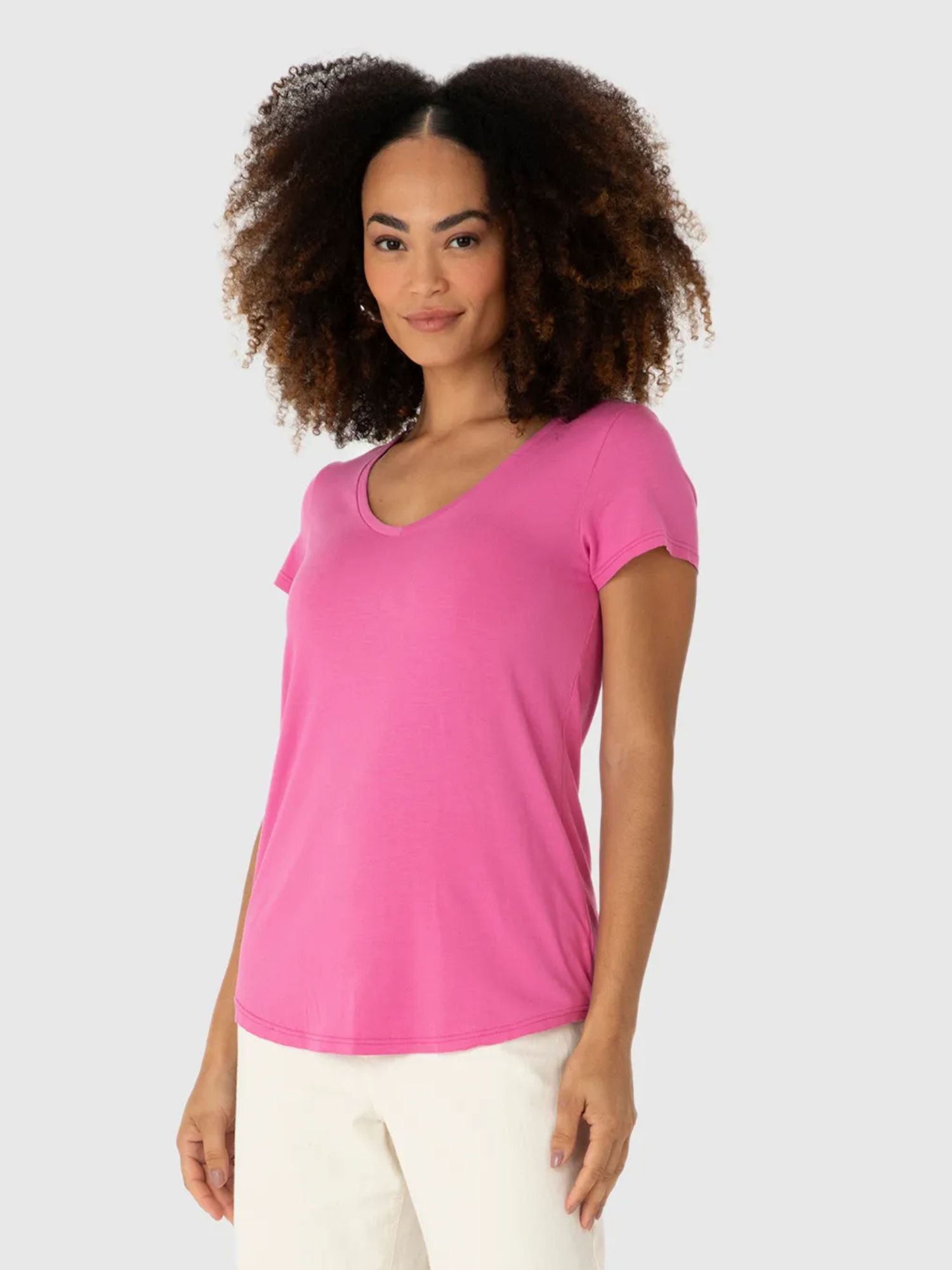 Blusa Básica Feminina Mullet Decote V Em Viscose Stretch Rosa