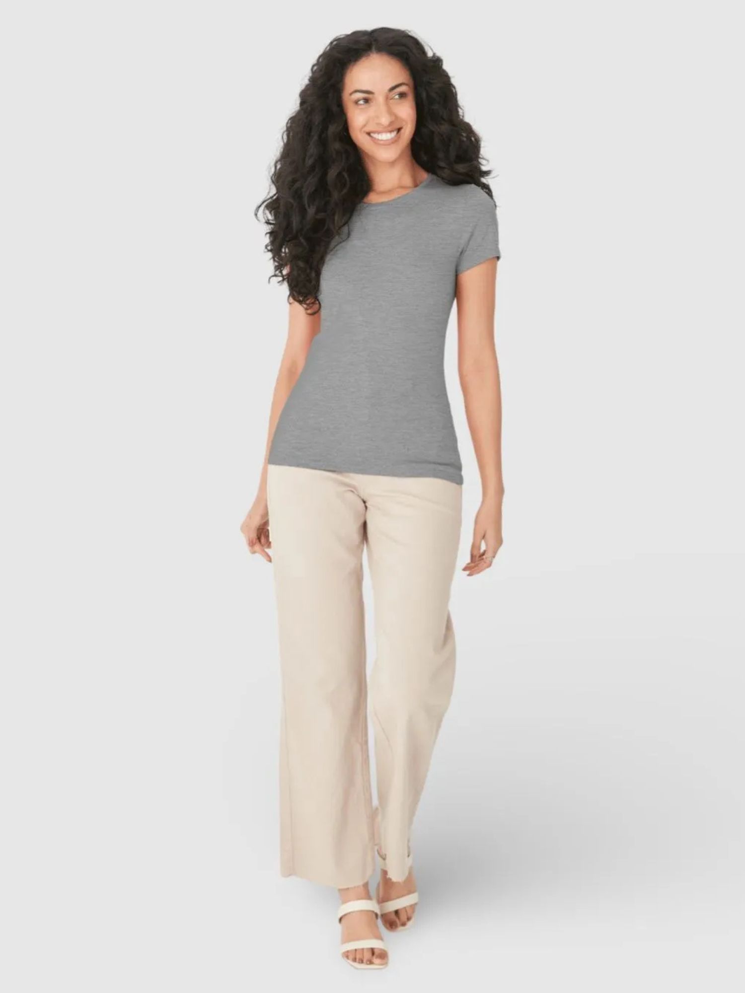 Blusa Básica Feminina Decote Redondo Em Algodão Mescla Claro
