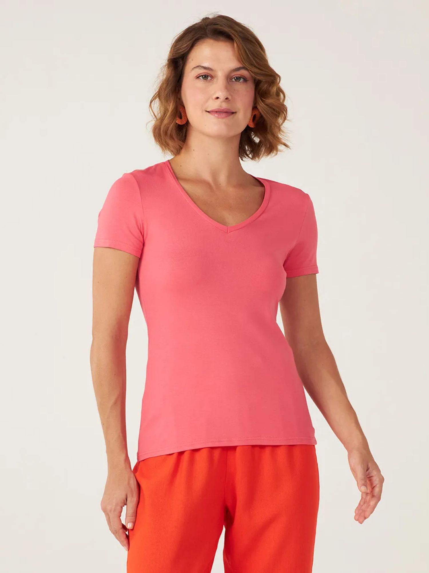 Blusa Básica Feminina Decote V Em Viscose Stretch Salmão