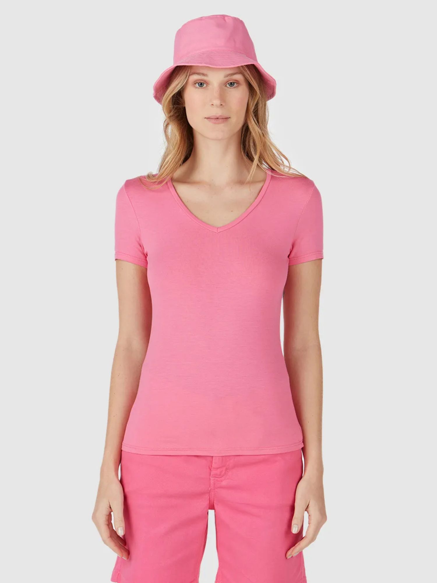 Blusa Básica Feminina Decote V Em Viscose Stretch Rosa