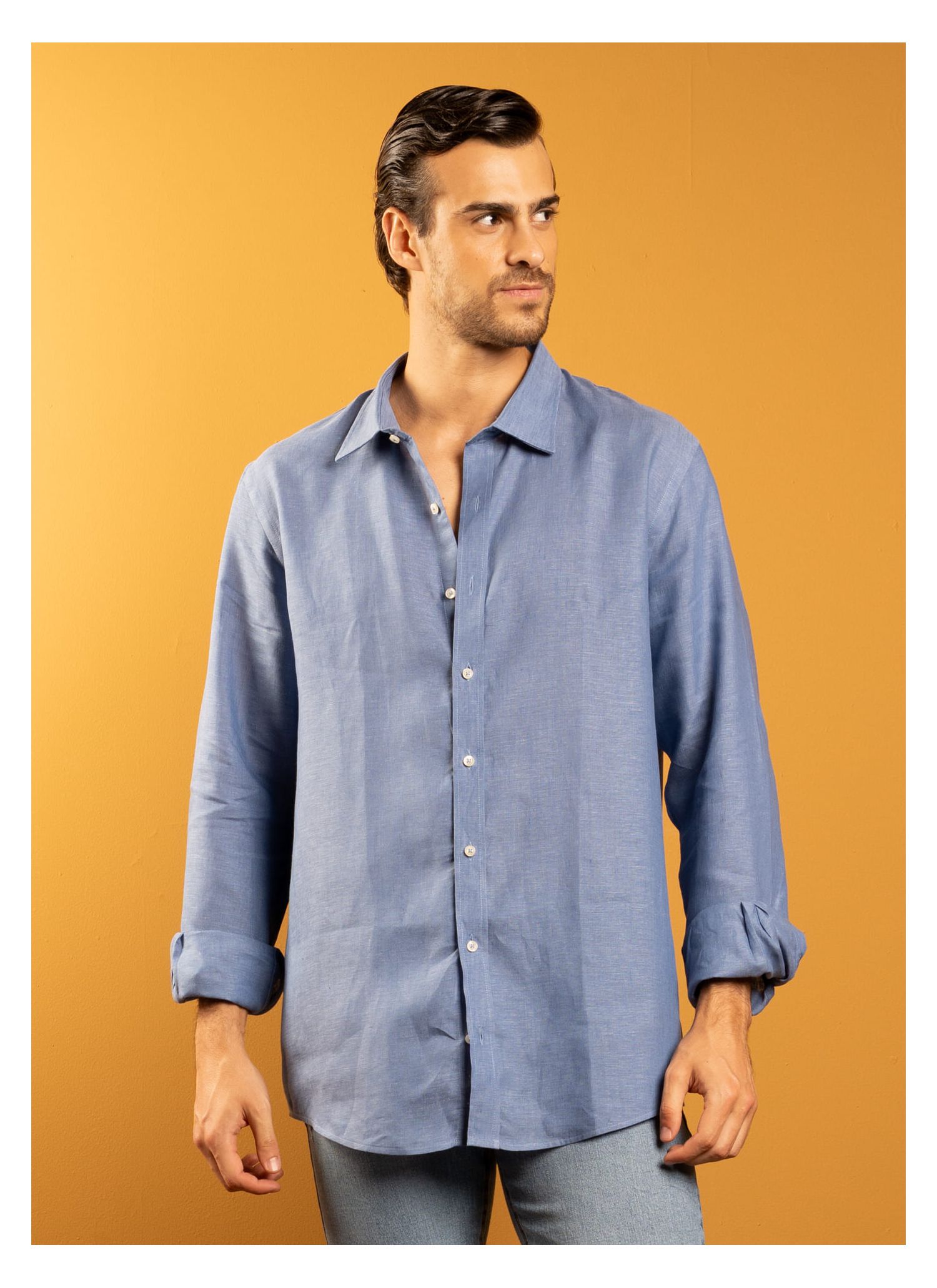 Camisa Stefano Linho Irlandês Azul Petróleo