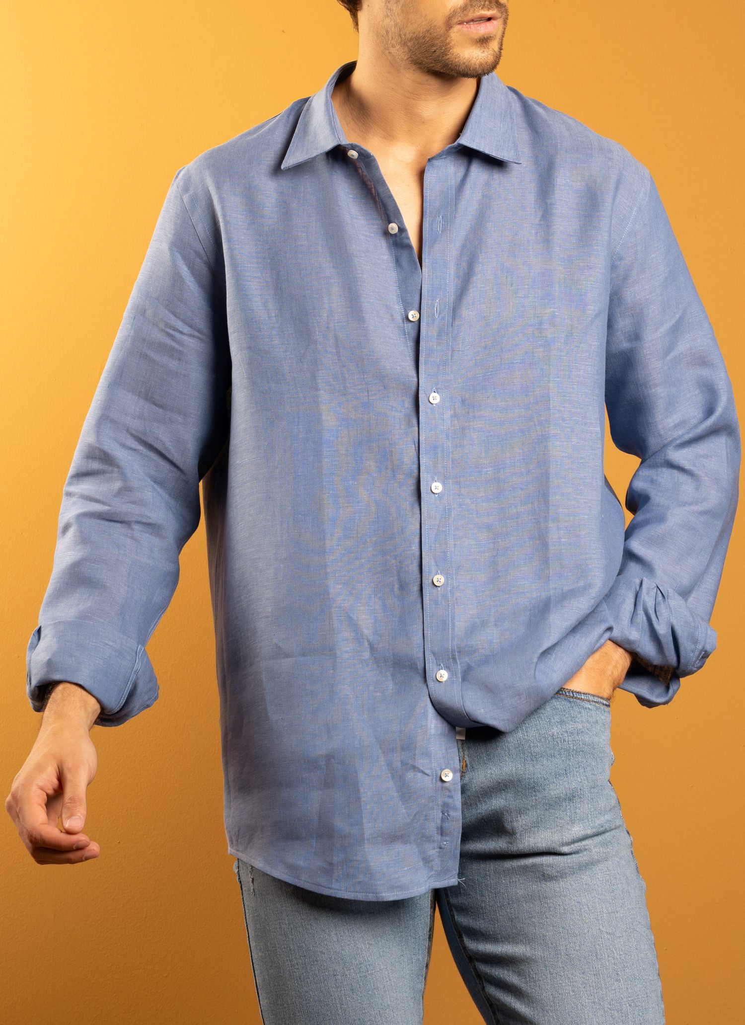 Camisa Stefano Linho Irlandês Azul Petróleo