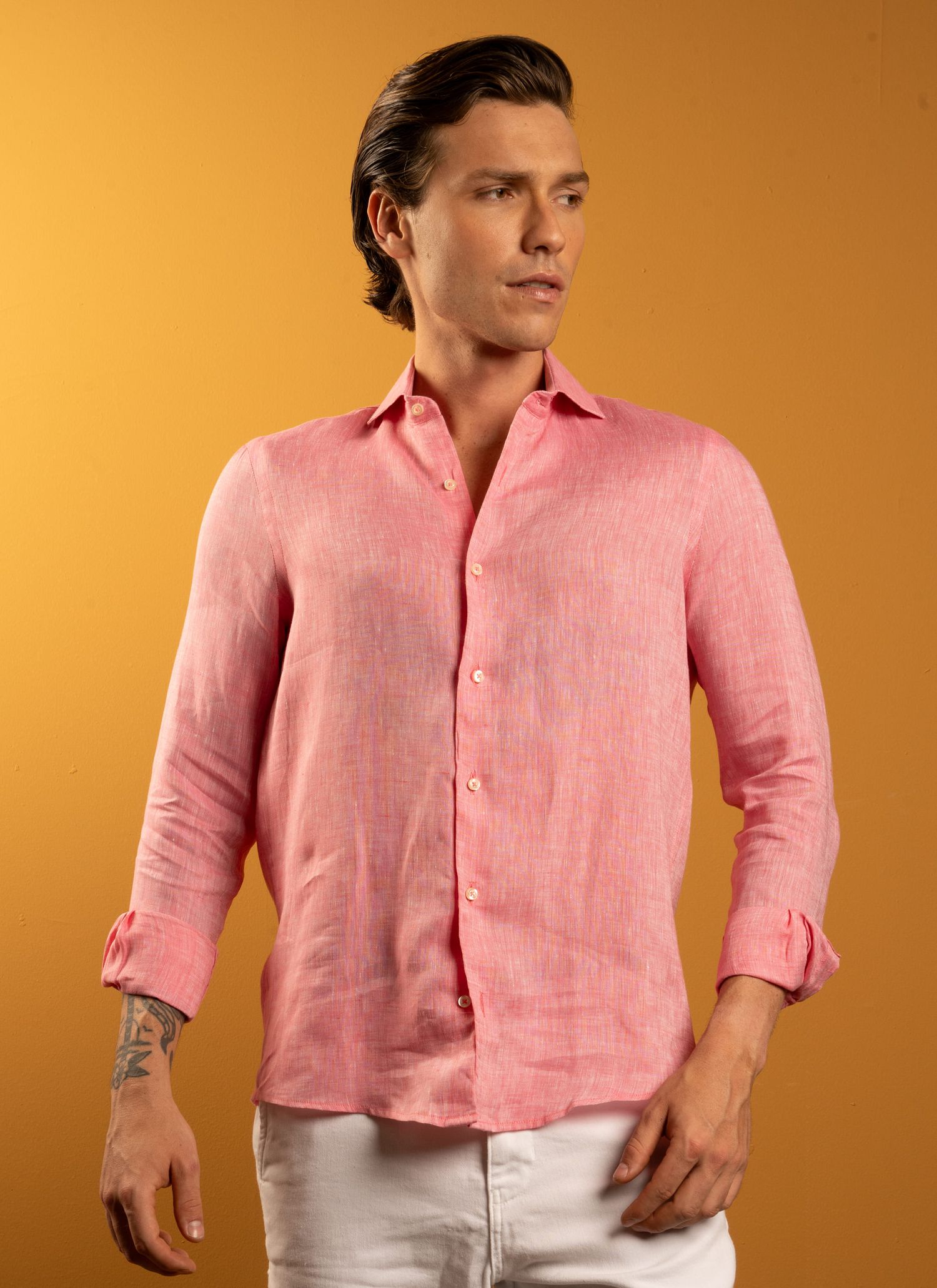 Camisa Stefano Linho Irlandês Rosa Salmão