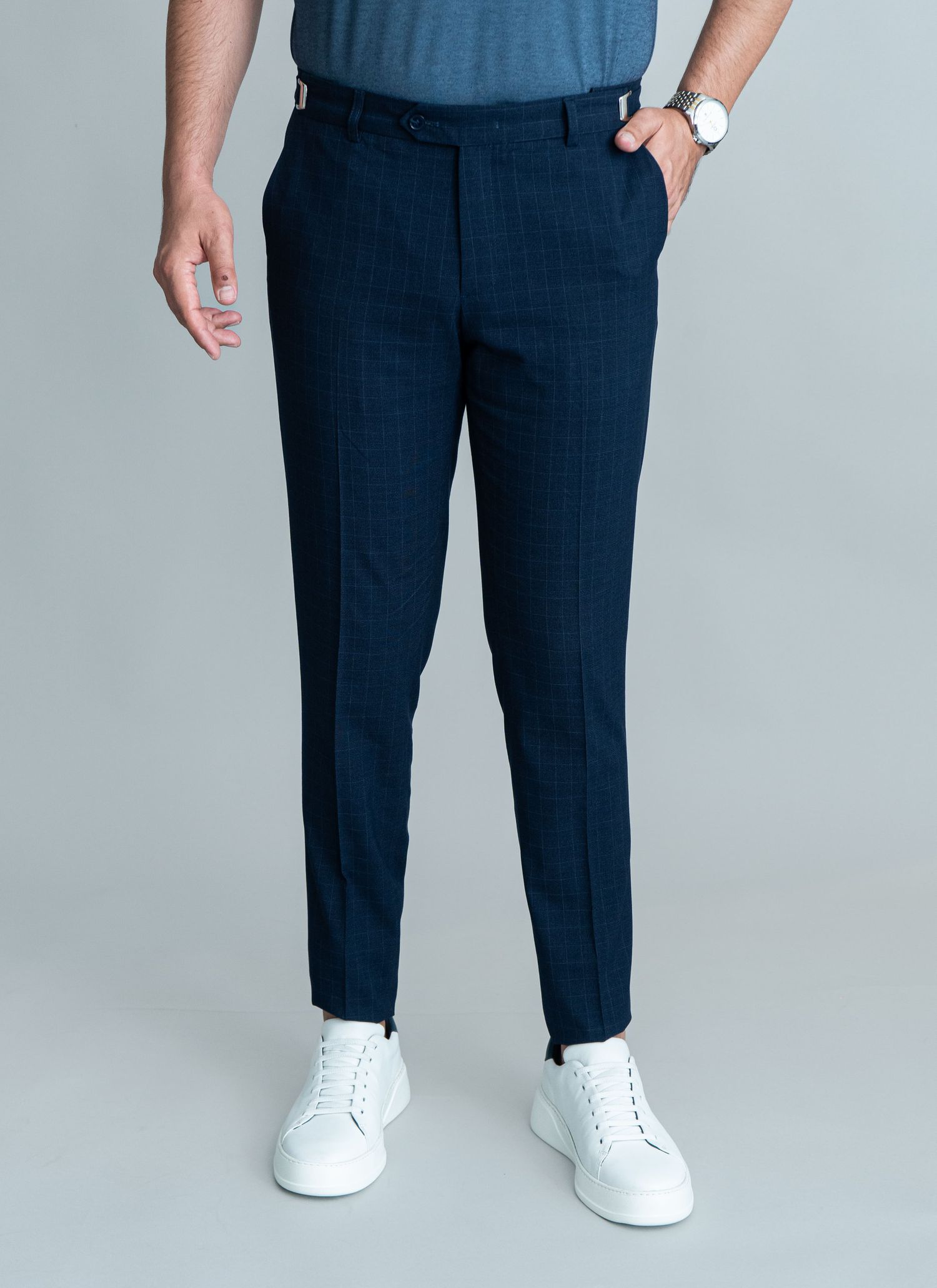 Calça Alfaiataria Com Regulagem Azul Quadriculado Stefano