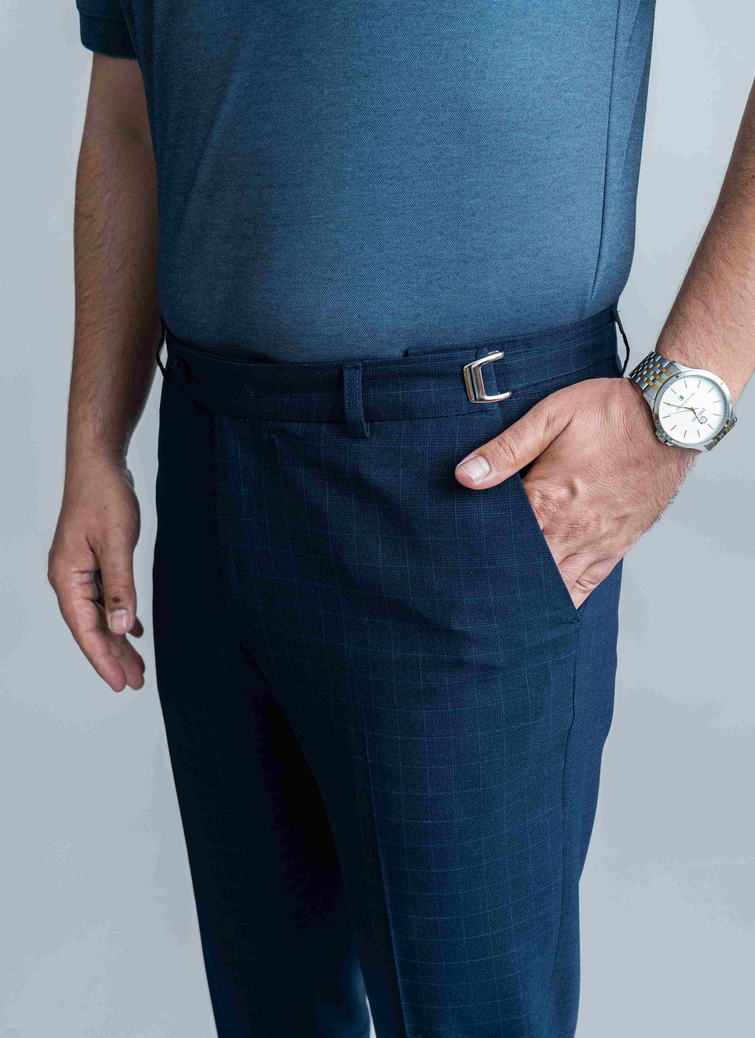 Calça Alfaiataria Com Regulagem Azul Quadriculado Stefano