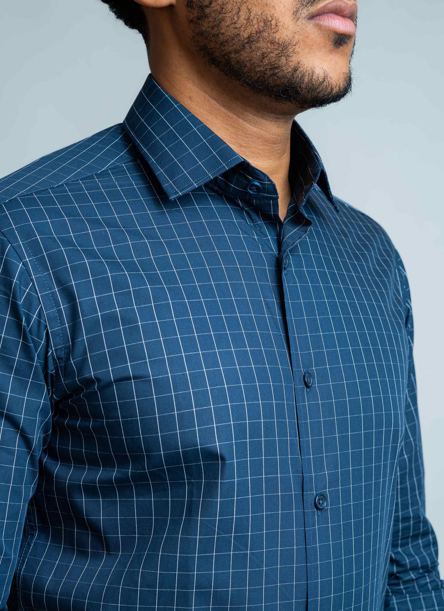 Camisa Social Slim Fit Stefano Xadrez Grid Azul Marinho
