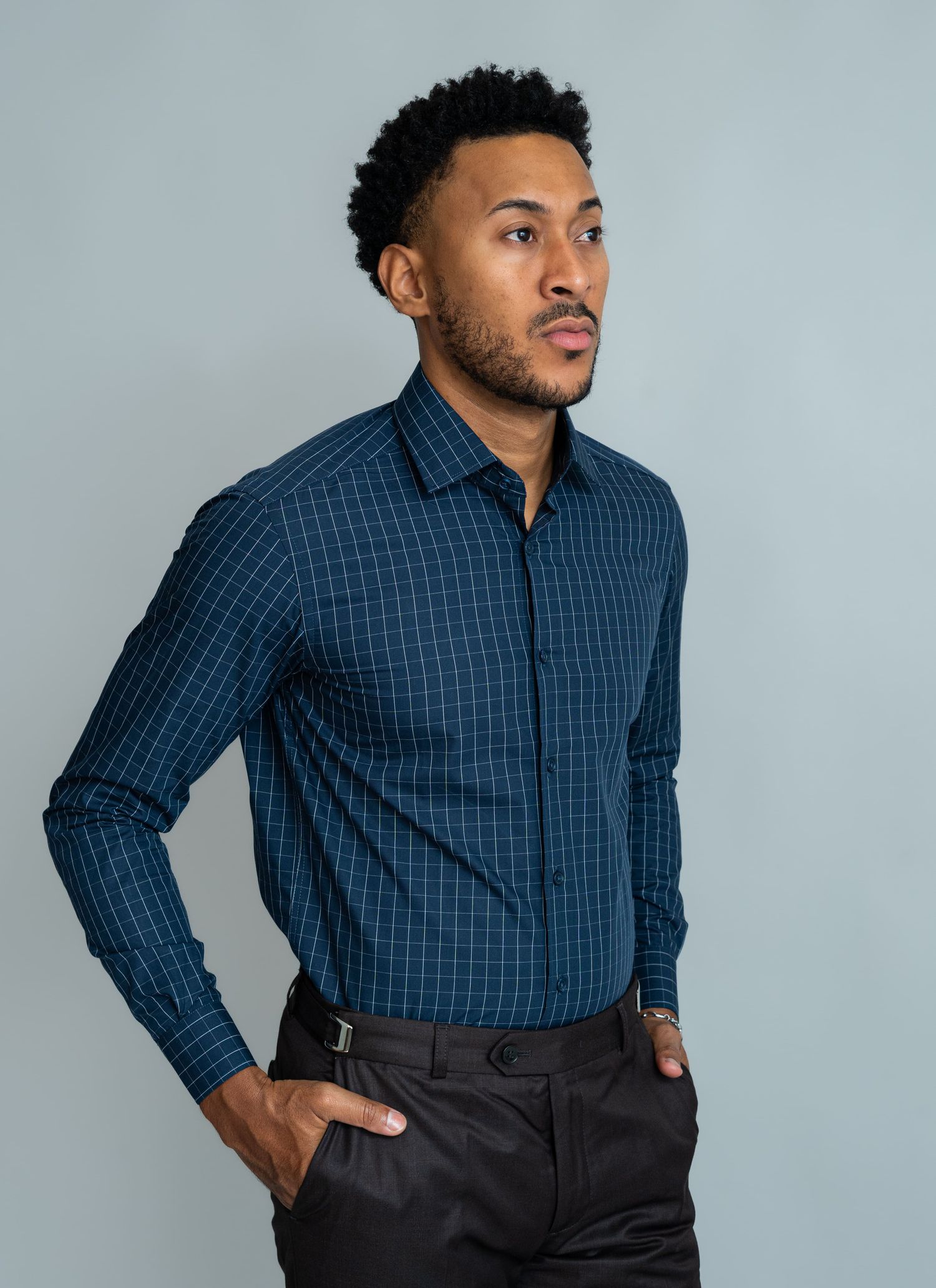 Camisa Social Slim Fit Stefano Xadrez Grid Azul Marinho