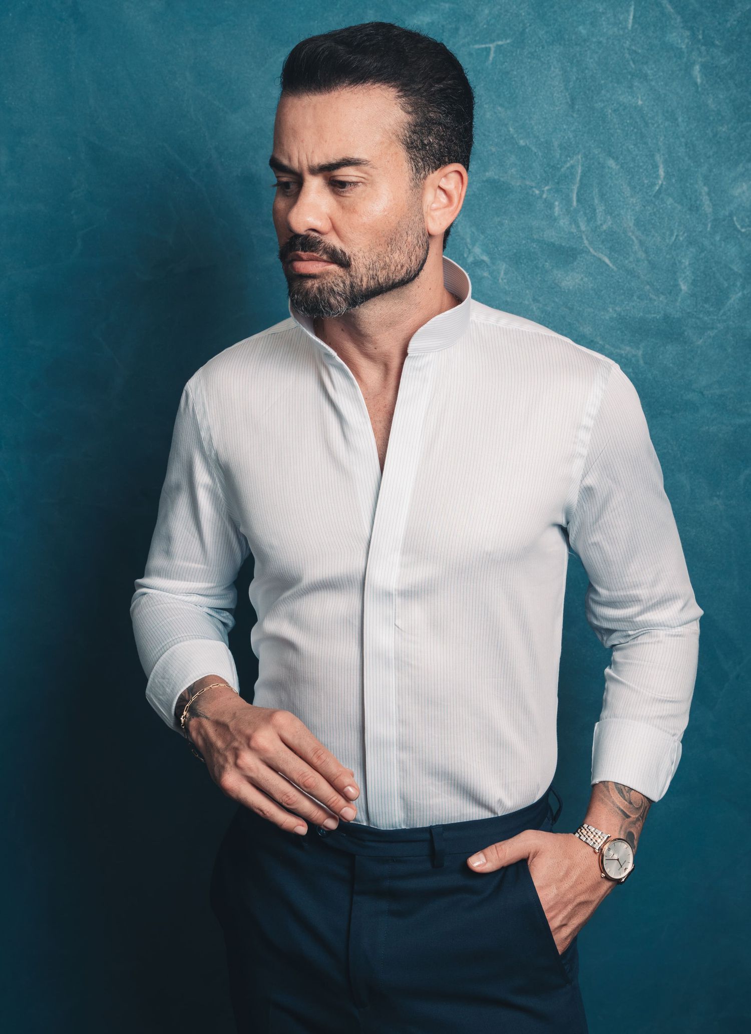 Camisa Stefano Gola Mao Listras Azul Claro