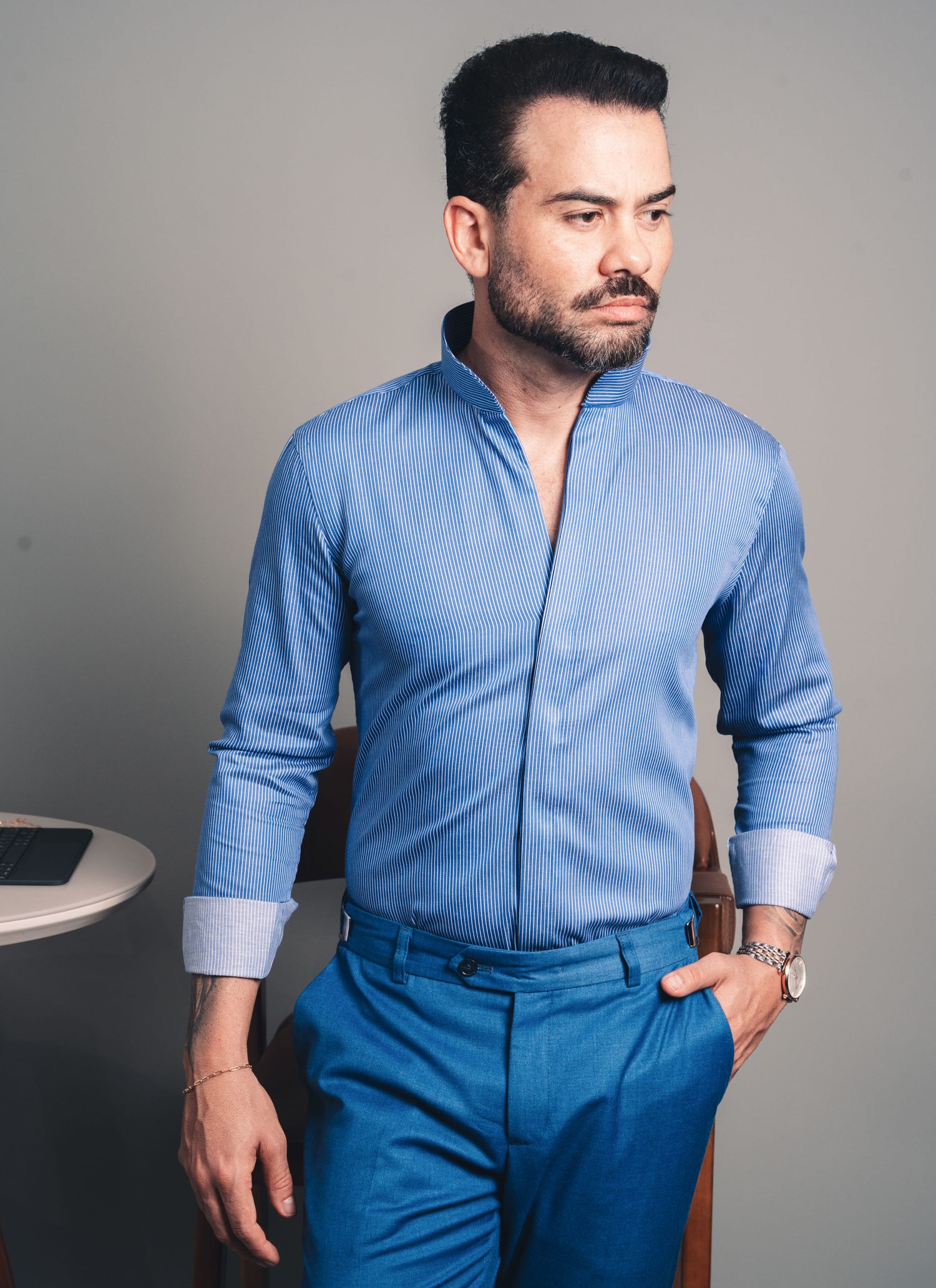 Camisa Stefano Gola Mao Listras Azul