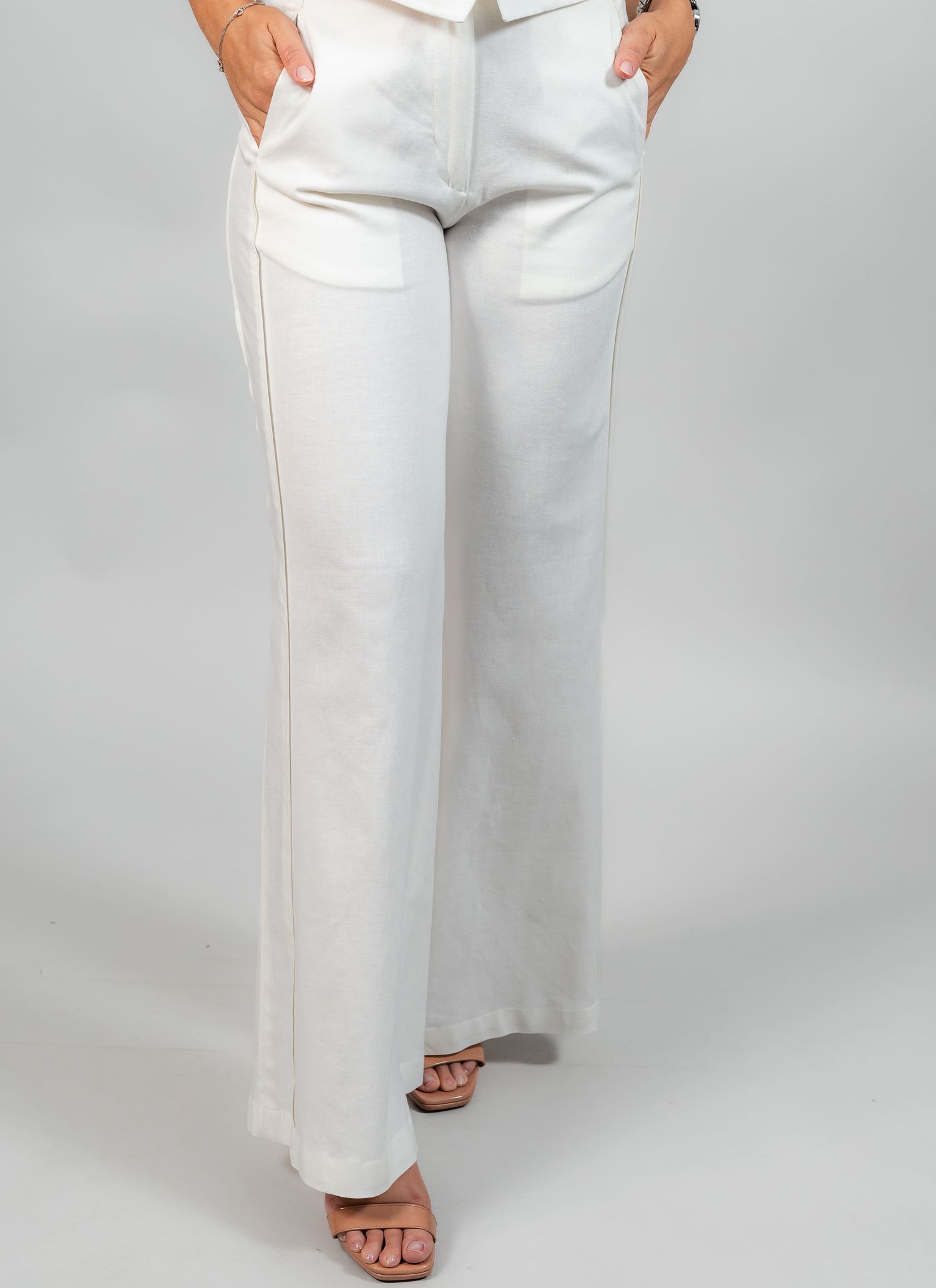 Calça Wide Leg Linho Feminina Stefano Branca