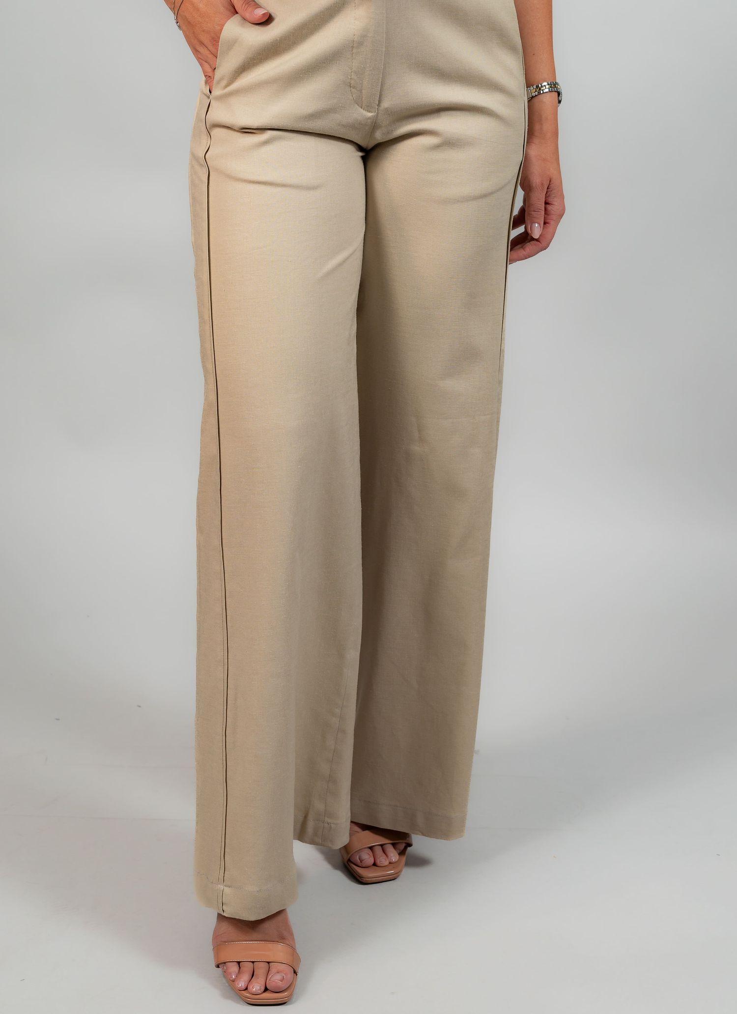 Calça Wide Leg Linho Feminina Stefano Bege
