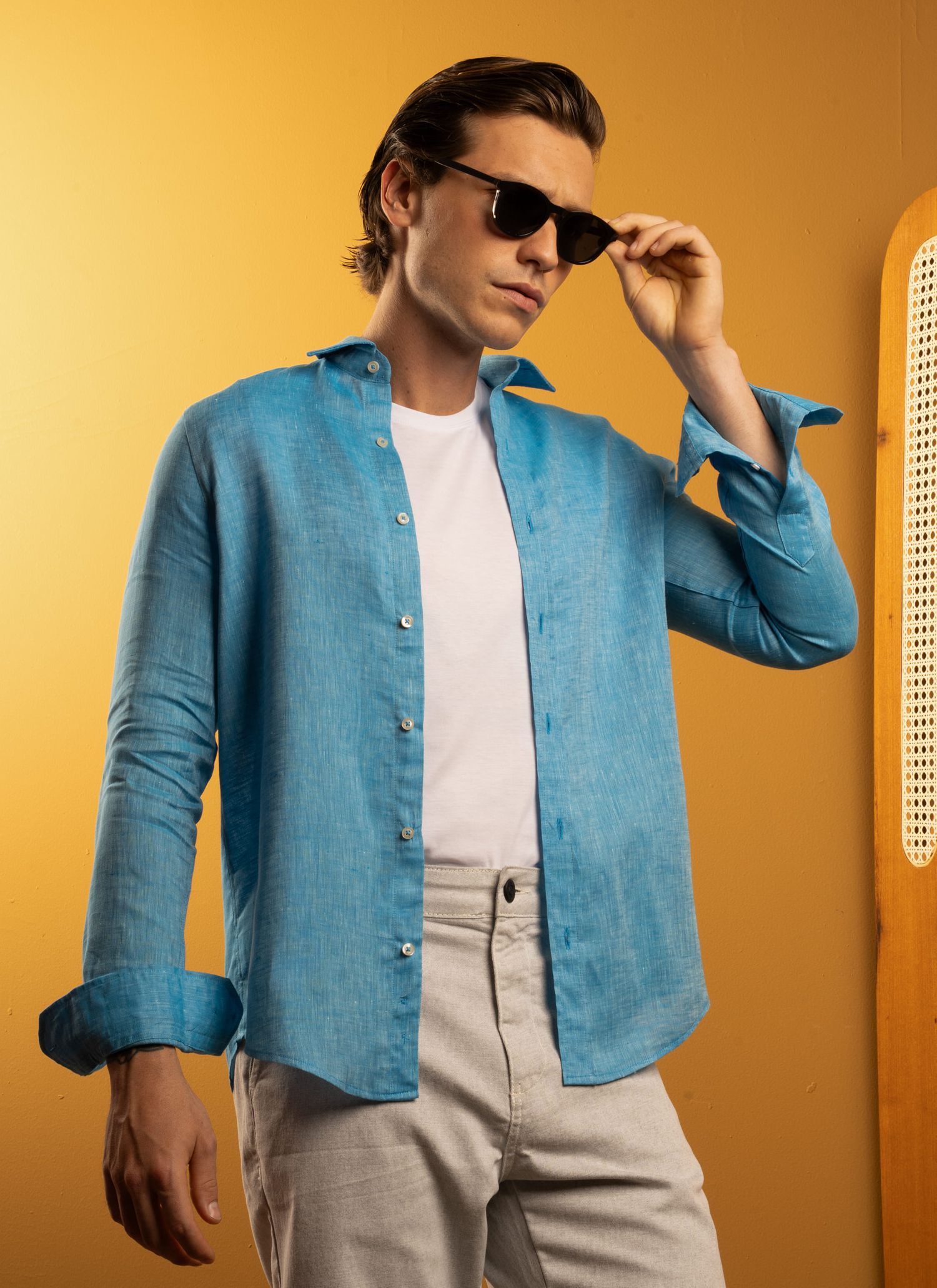 Camisa Stefano Linho Irlandês Azul Turquesa