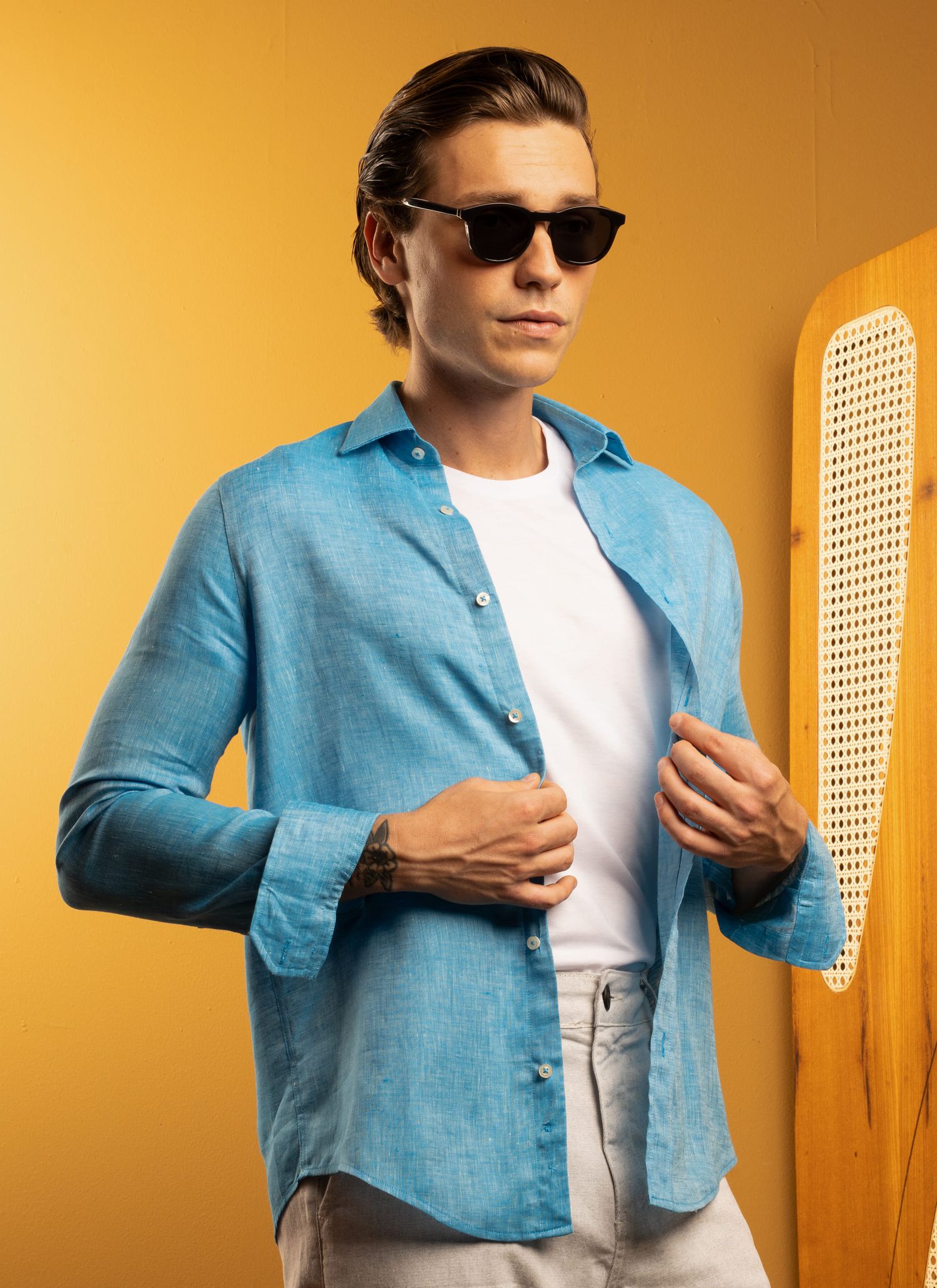 Camisa Stefano Linho Irlandês Azul Turquesa