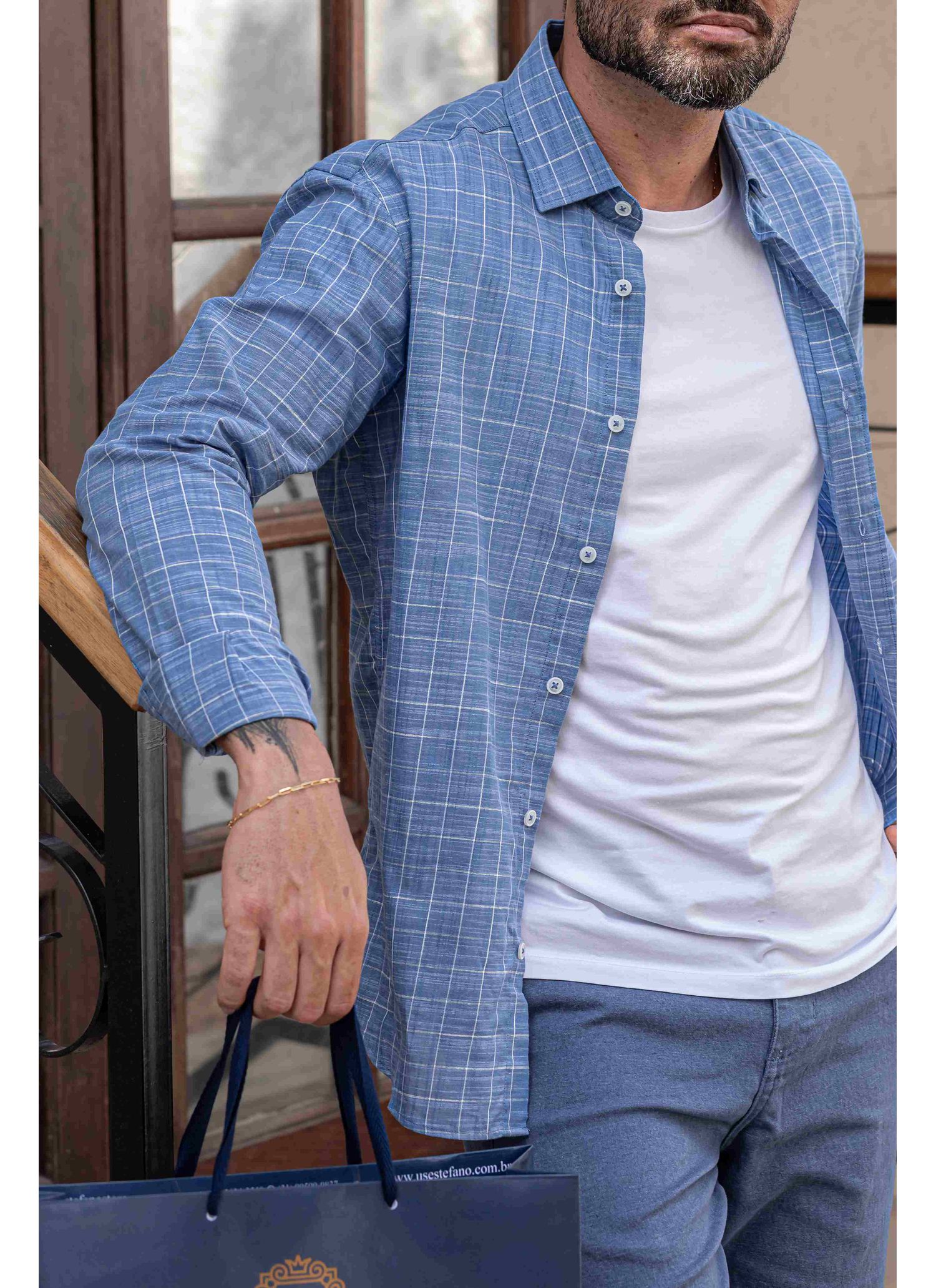 Camisa Stefano Cambraia Xadrez Grid Azul