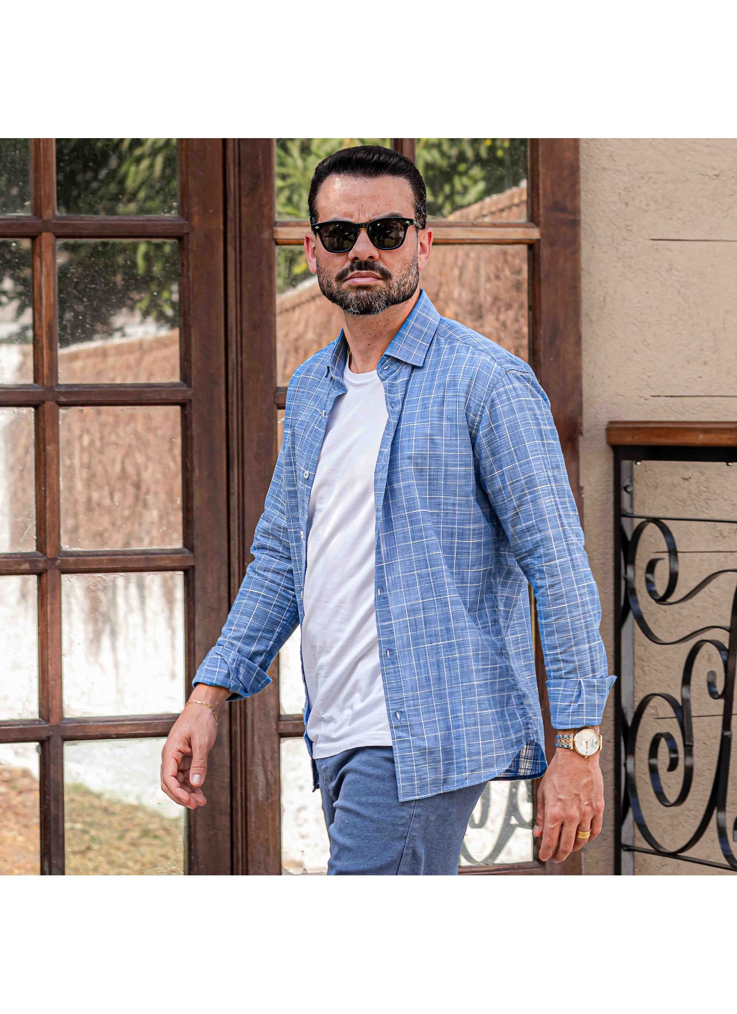Camisa Stefano Cambraia Xadrez Grid Azul