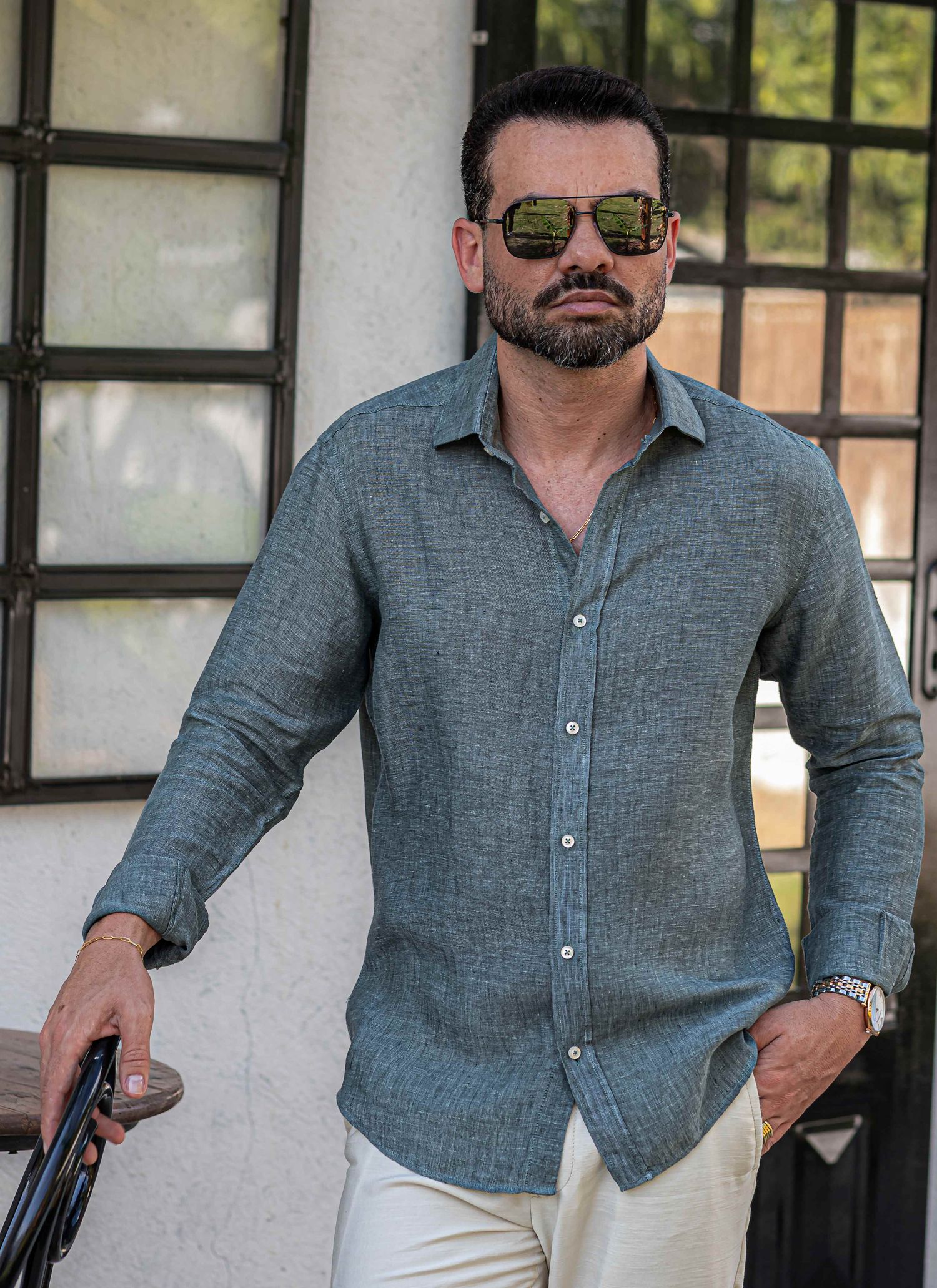 Camisa Stefano Linho italiano Verde Oliva