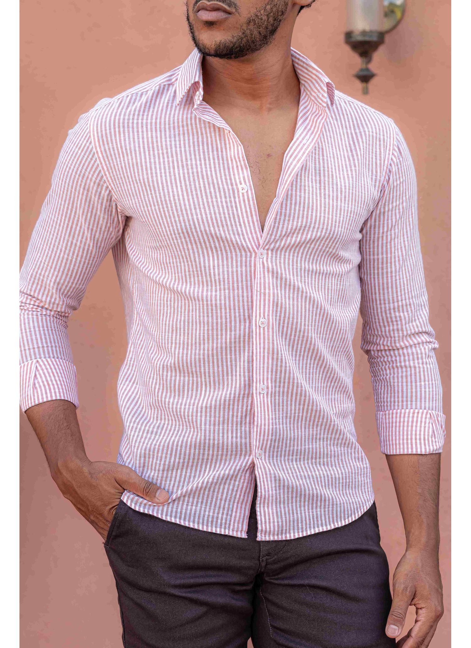 Camisa Stefano Cambraia Listras Rosa
