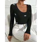 Blusa modal Casual Com Detalhes de Lacinho - Preta 