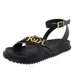 Papete Floripa Sandália Tiras Tornozelo Enfeite Preto