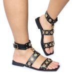 Rasteira Aura Flat Mix Detalhes Boho Preto